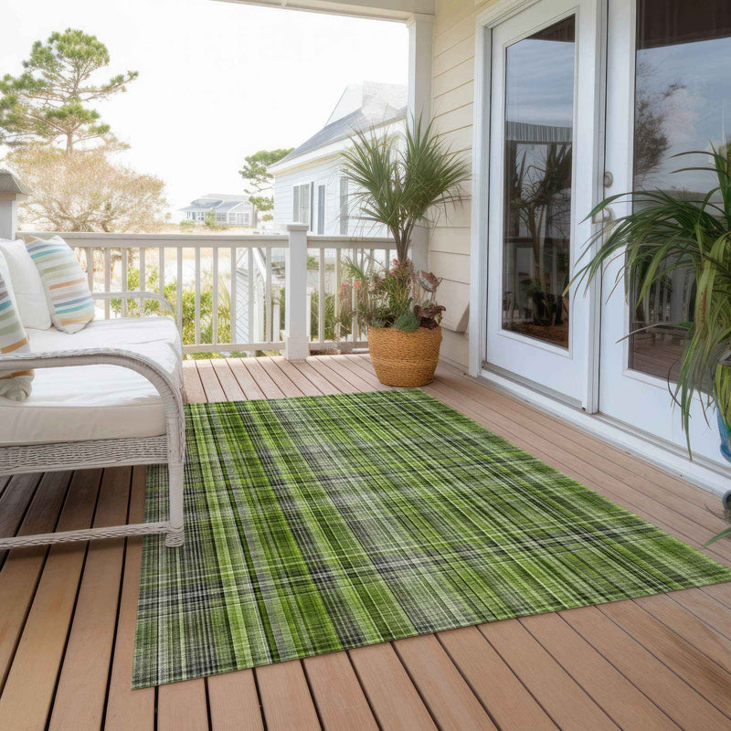 9' X 12' Green Plaid Washable Non Skid Indoor Outdoor Area Rug