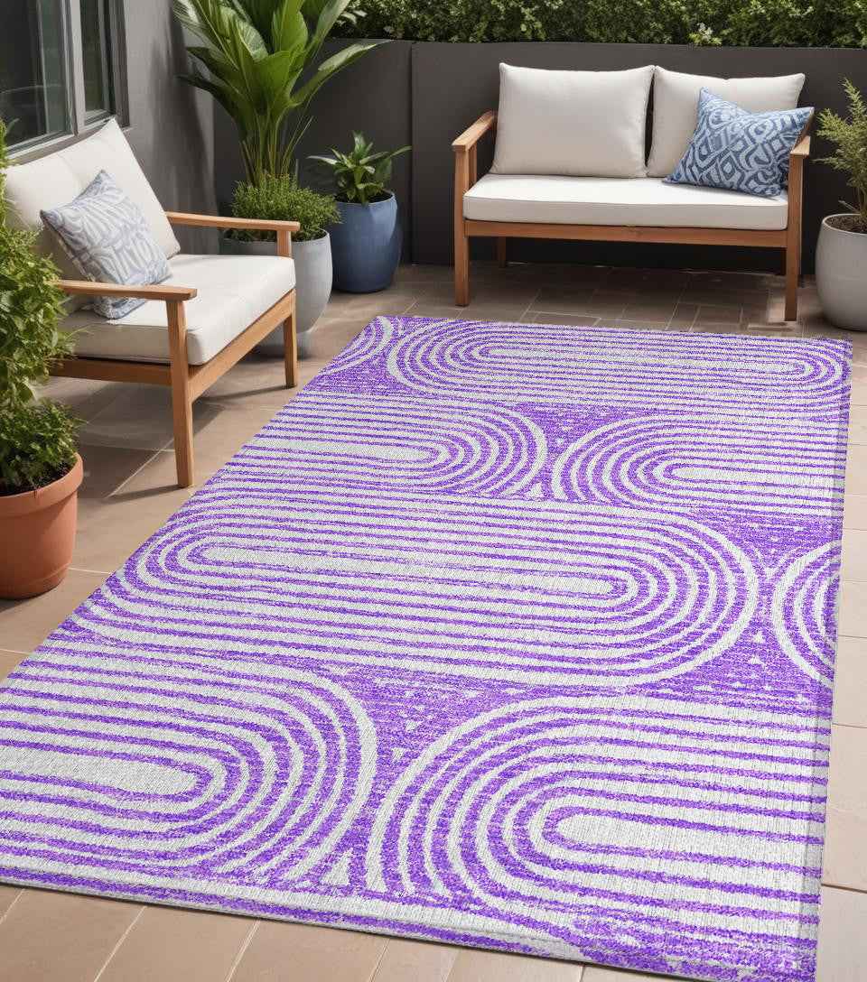 5' X 8' Purple And White Abstract Washable Indoor Outdoor Area Rug