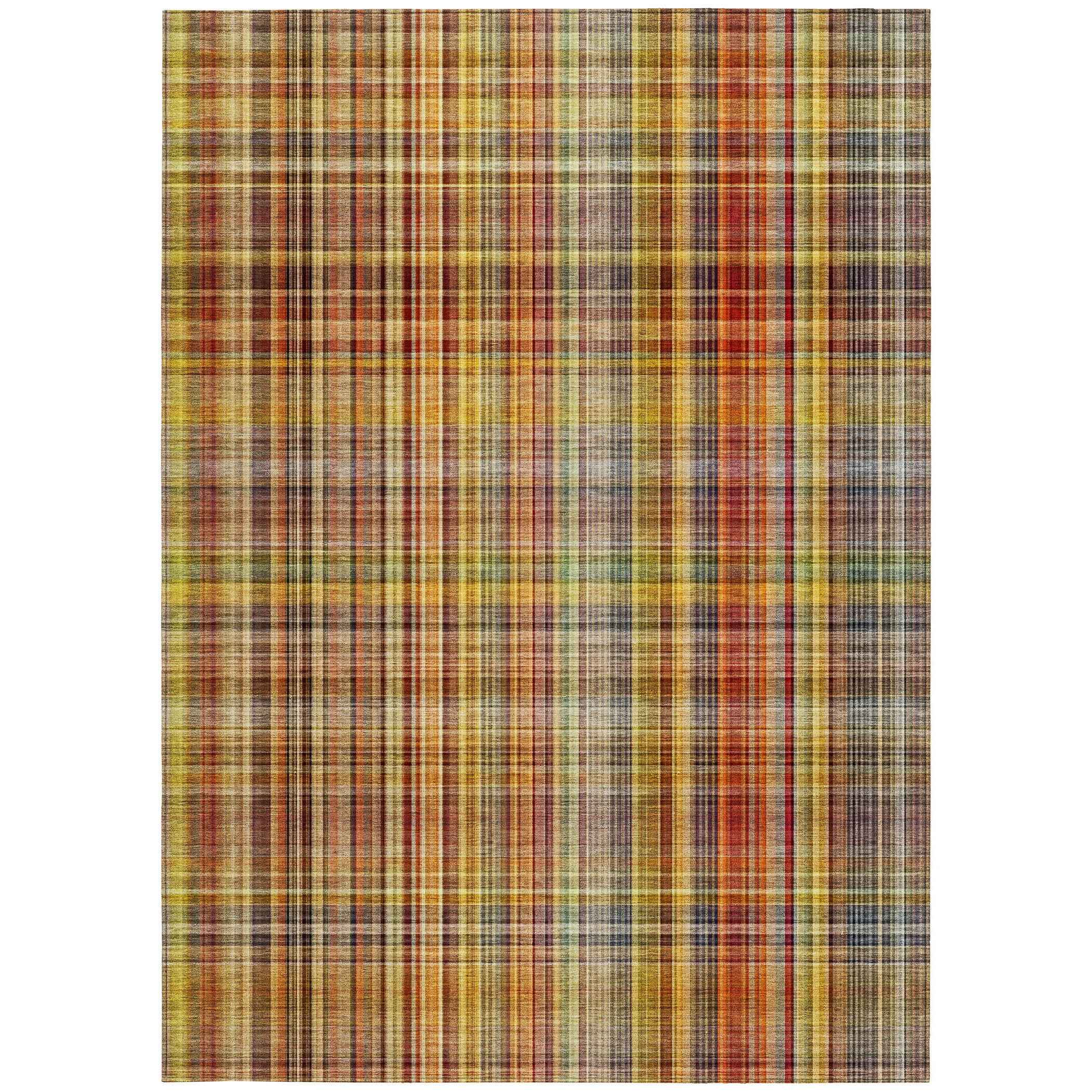 8' X 10' Orange Plaid Washable Non Skid Indoor Outdoor Area Rug