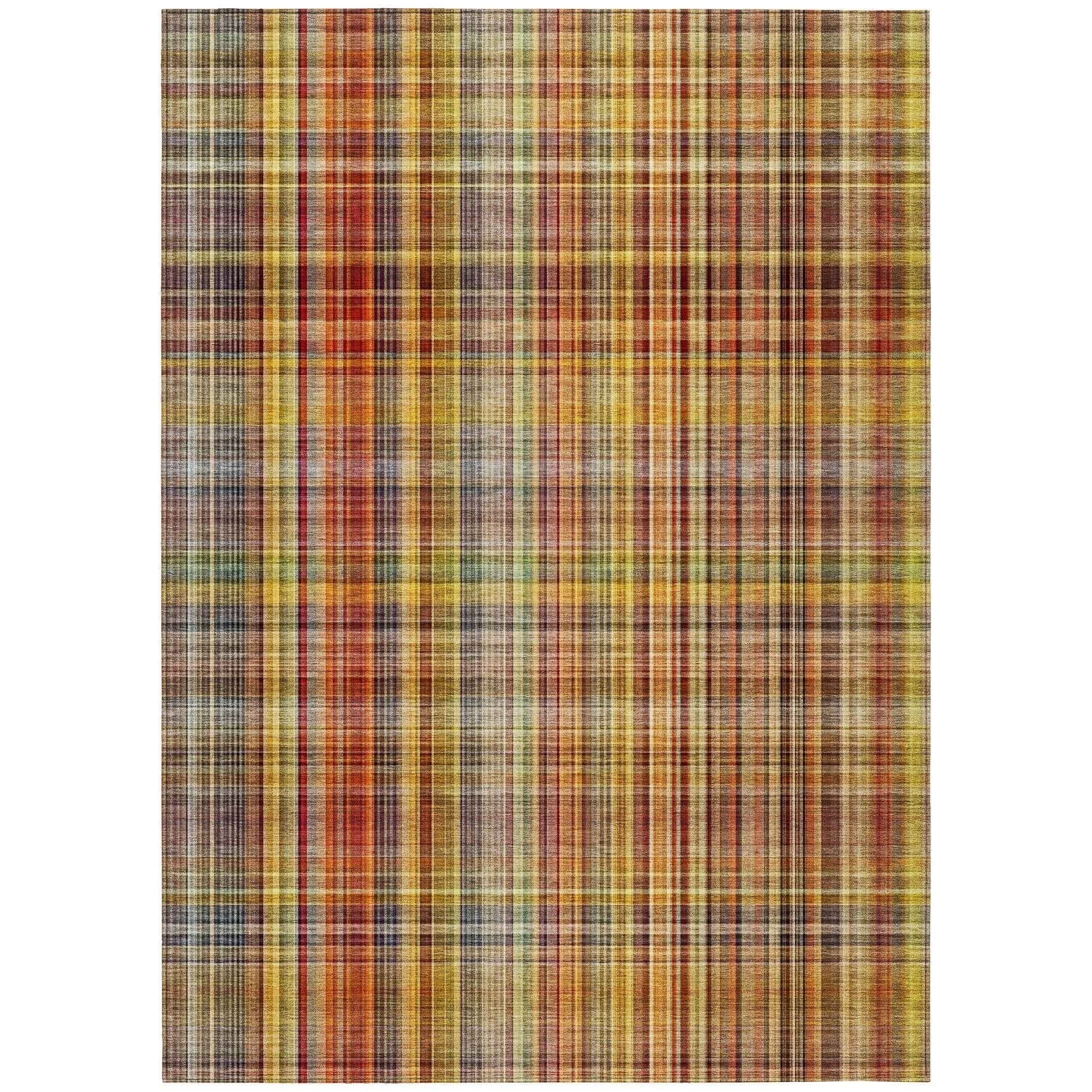 8' X 10' Orange Plaid Washable Non Skid Indoor Outdoor Area Rug