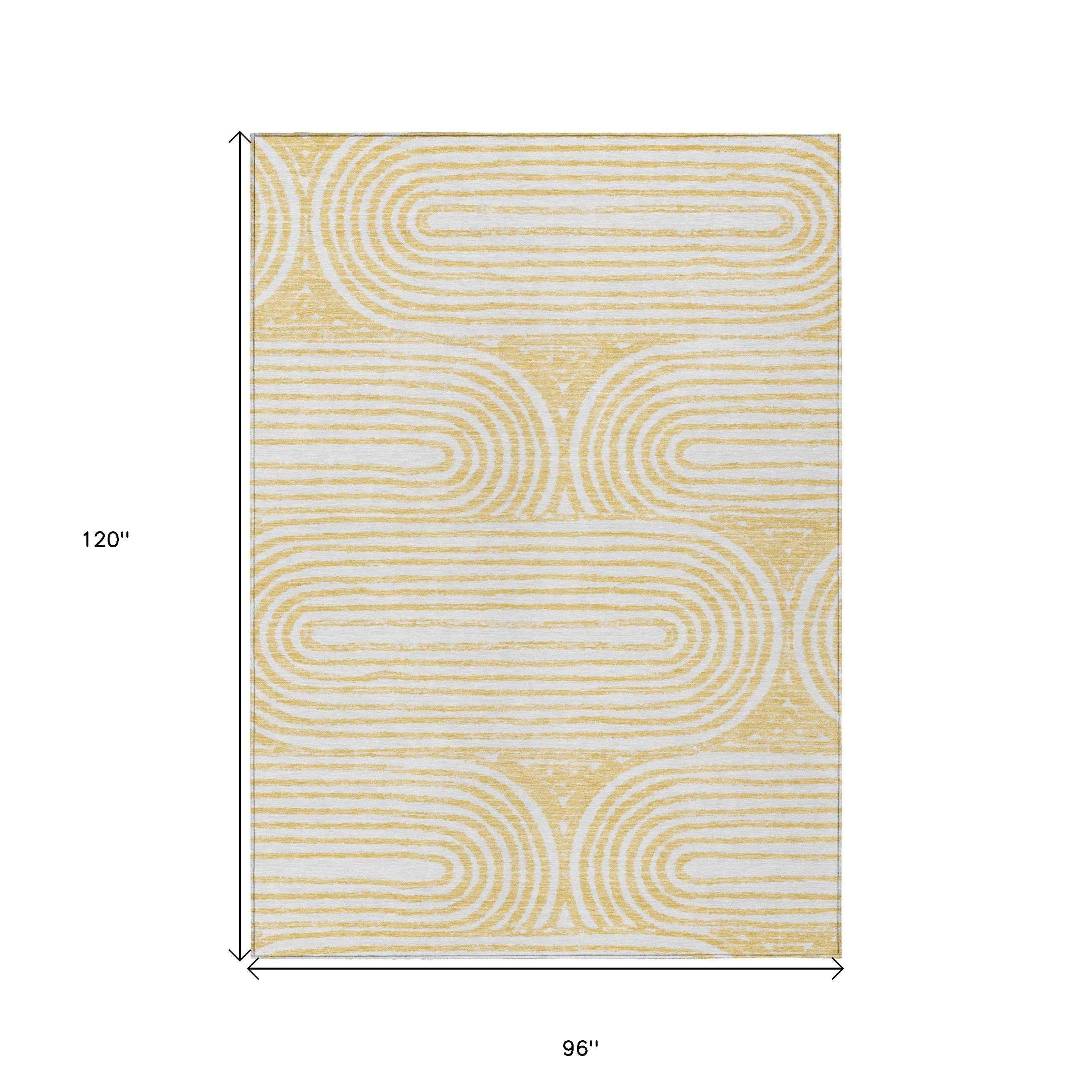 8' X 10' Gold And White Abstract Washable Indoor Outdoor Area Rug
