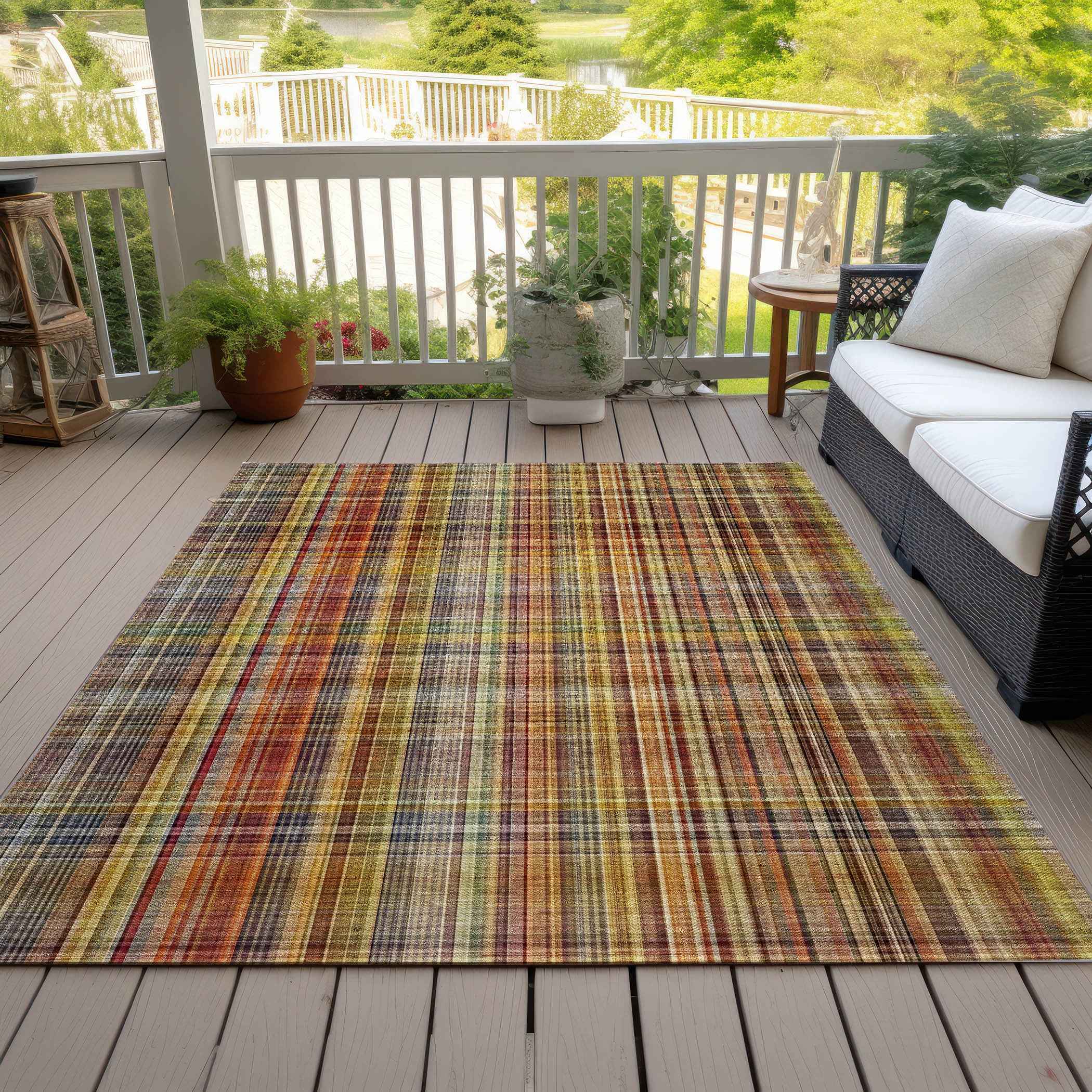 8' X 10' Orange Plaid Washable Non Skid Indoor Outdoor Area Rug