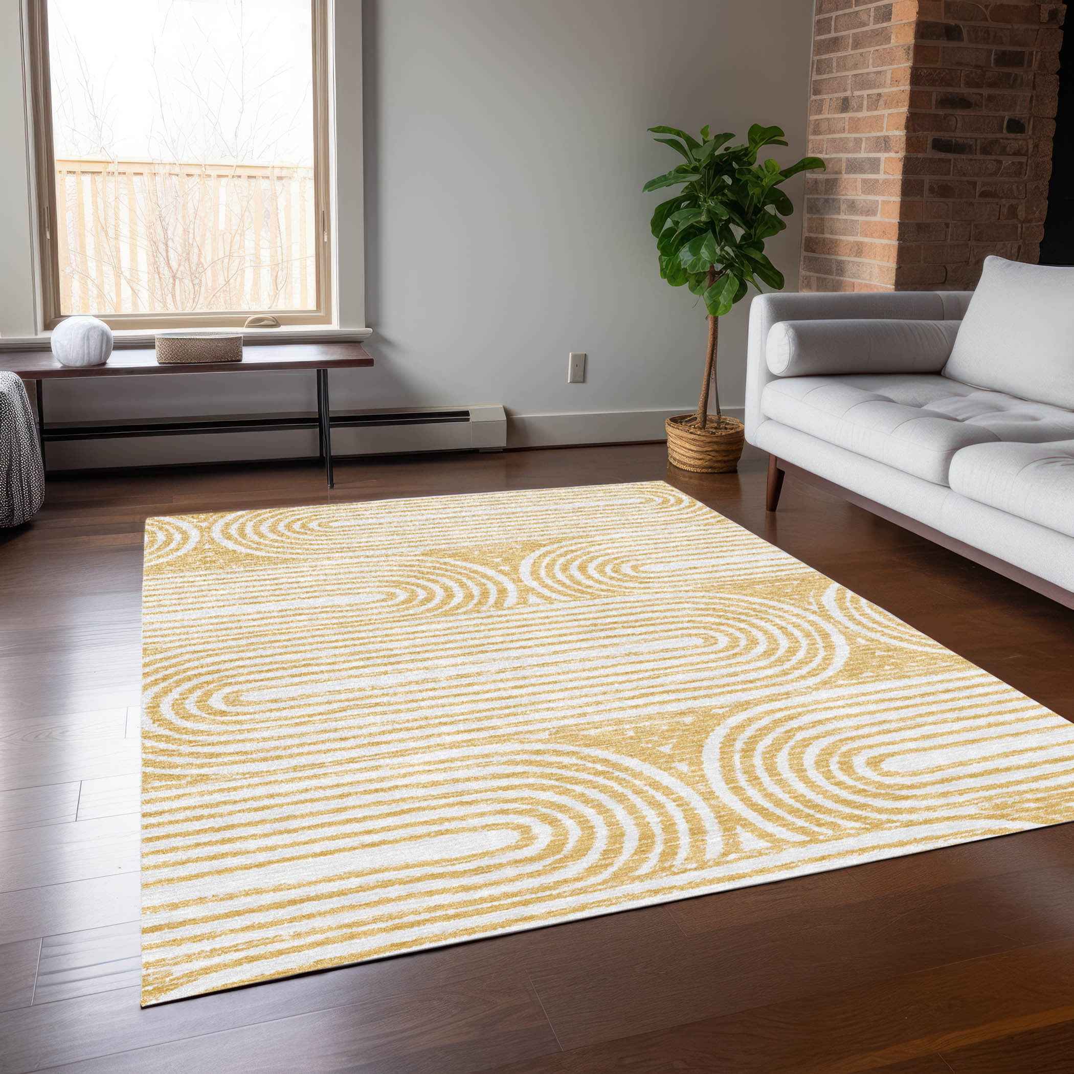 8' X 10' Gold And White Abstract Washable Indoor Outdoor Area Rug