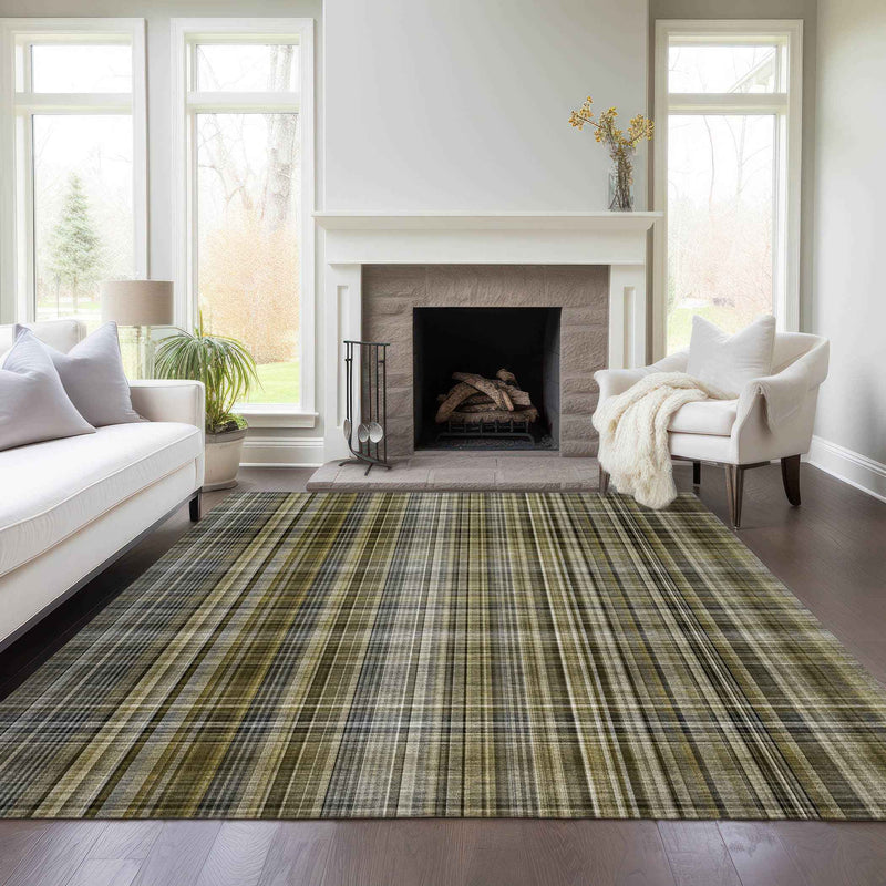 5' X 8' Green Beige and Gray Plaid Washable Non Skid Indoor Outdoor Area Rug