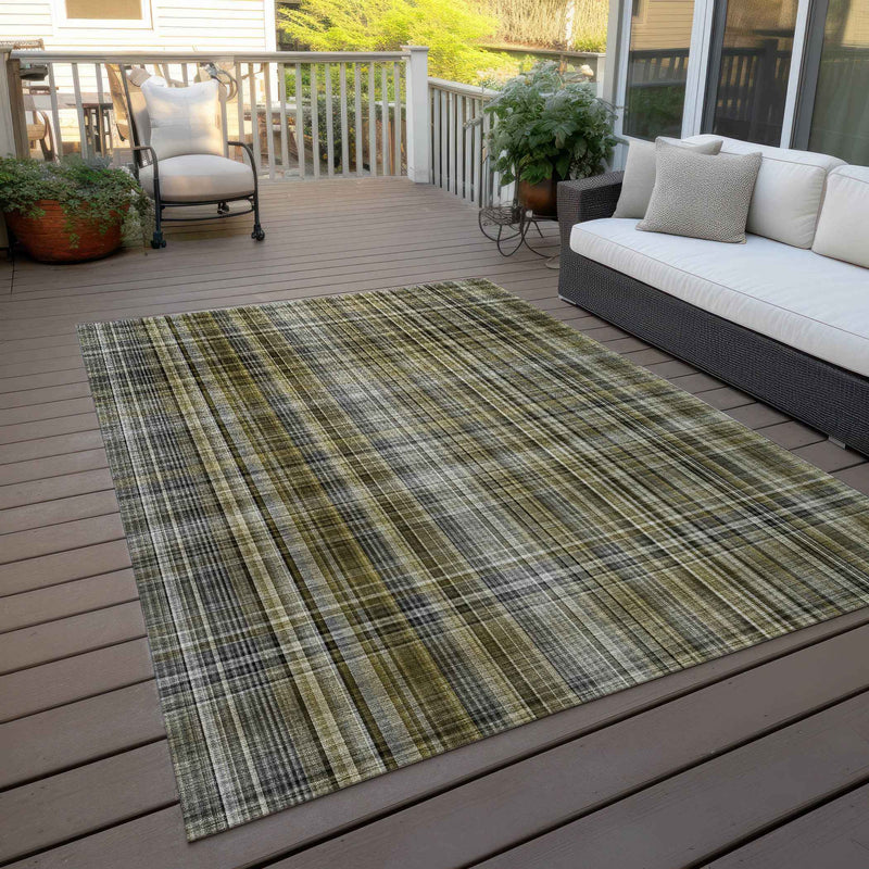 5' X 8' Green Beige and Gray Plaid Washable Non Skid Indoor Outdoor Area Rug