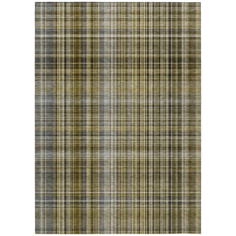 5' X 8' Green Beige and Gray Plaid Washable Non Skid Indoor Outdoor Area Rug