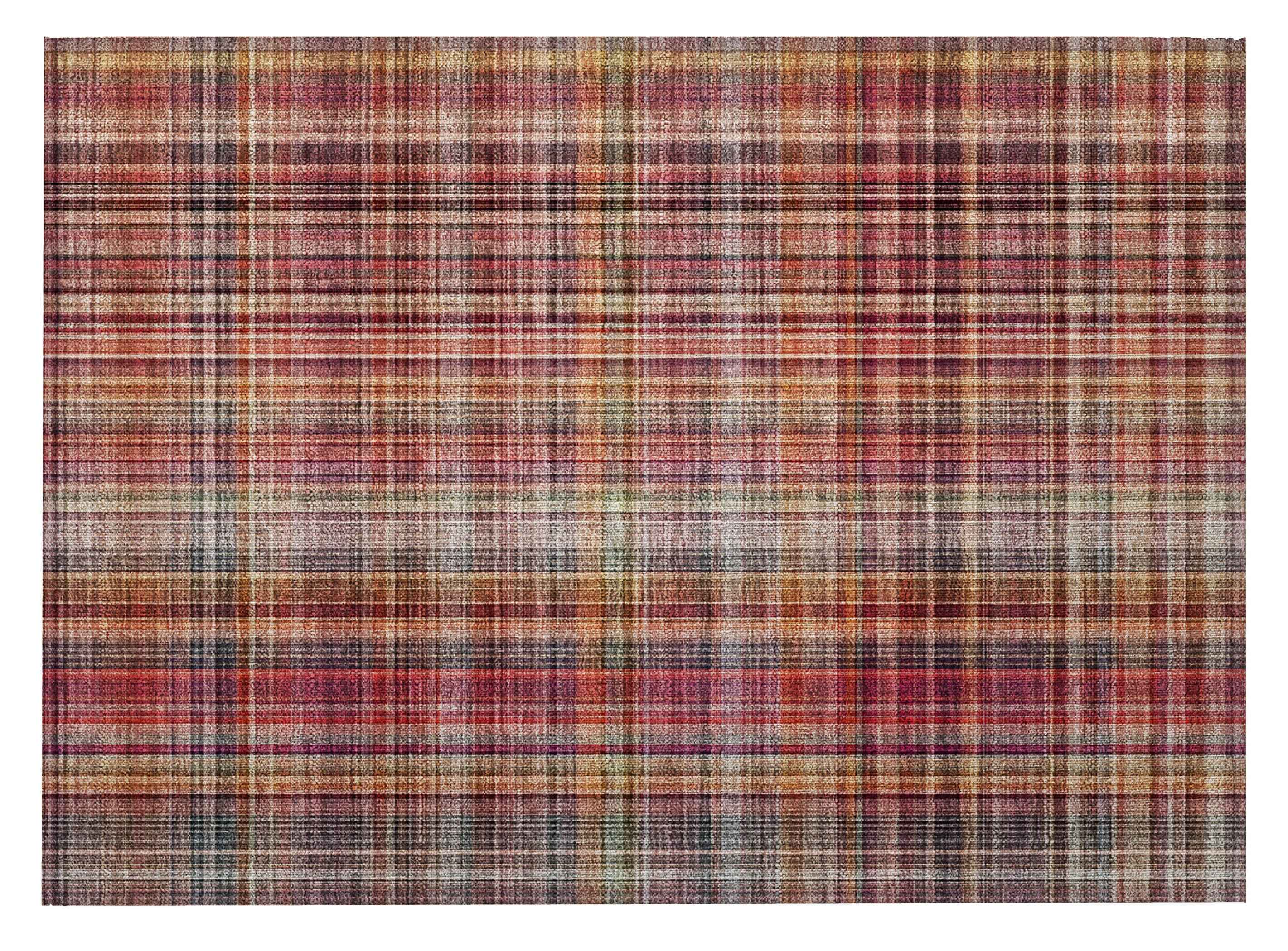 2' X 3' Red Orange and Brown Plaid Washable Non Skid Indoor Outdoor Area Rug