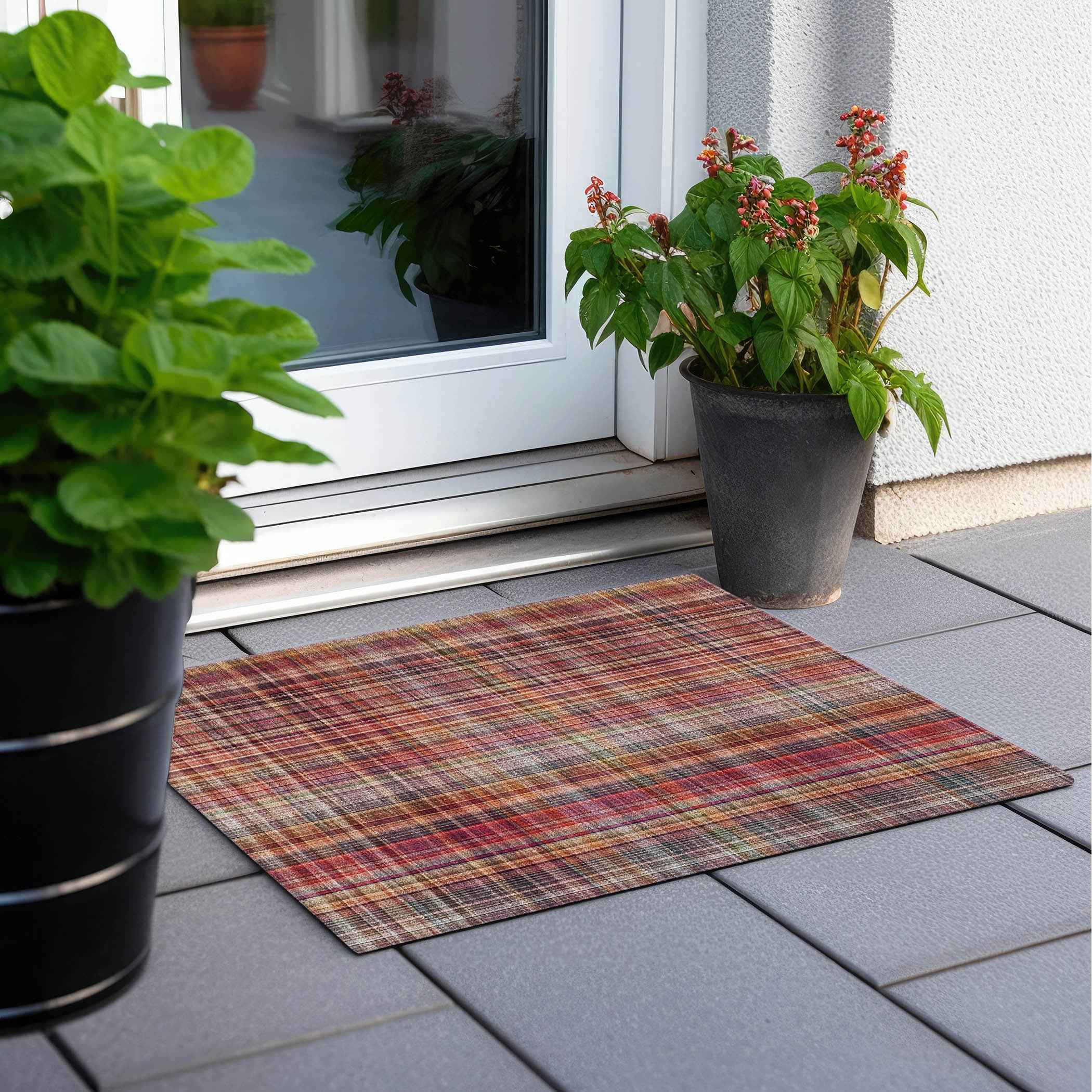 2' X 3' Red Orange and Brown Plaid Washable Non Skid Indoor Outdoor Area Rug