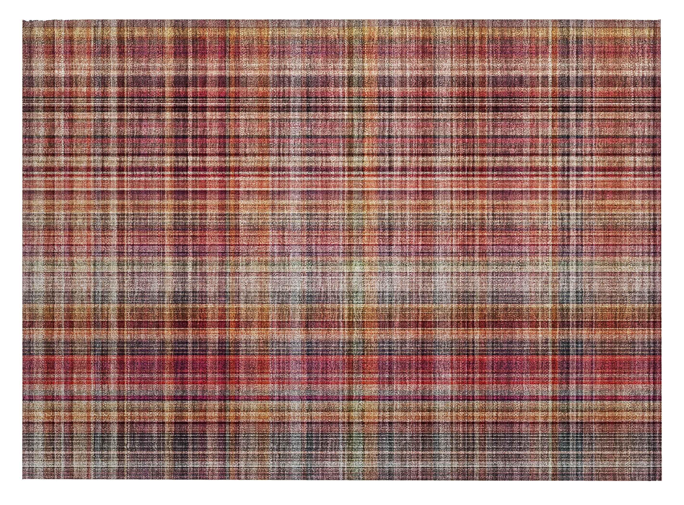 2' X 3' Red Orange and Brown Plaid Washable Non Skid Indoor Outdoor Area Rug