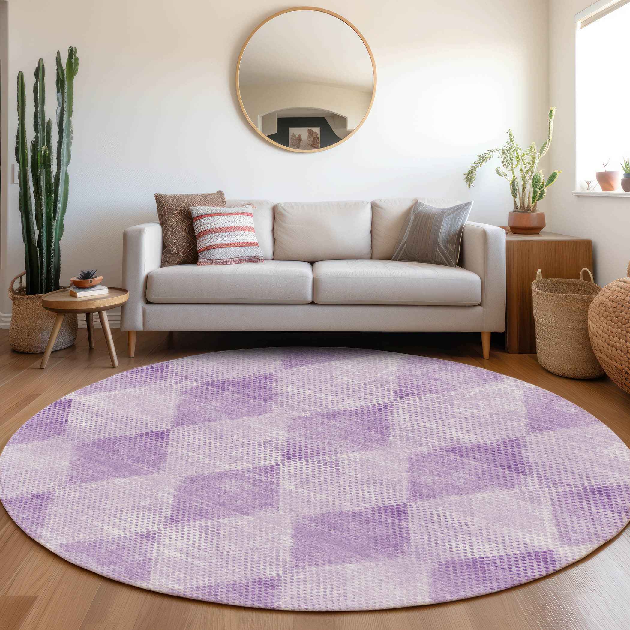 8' Round Lavender Round Geometric Washable Non Skid Indoor Outdoor Area Rug