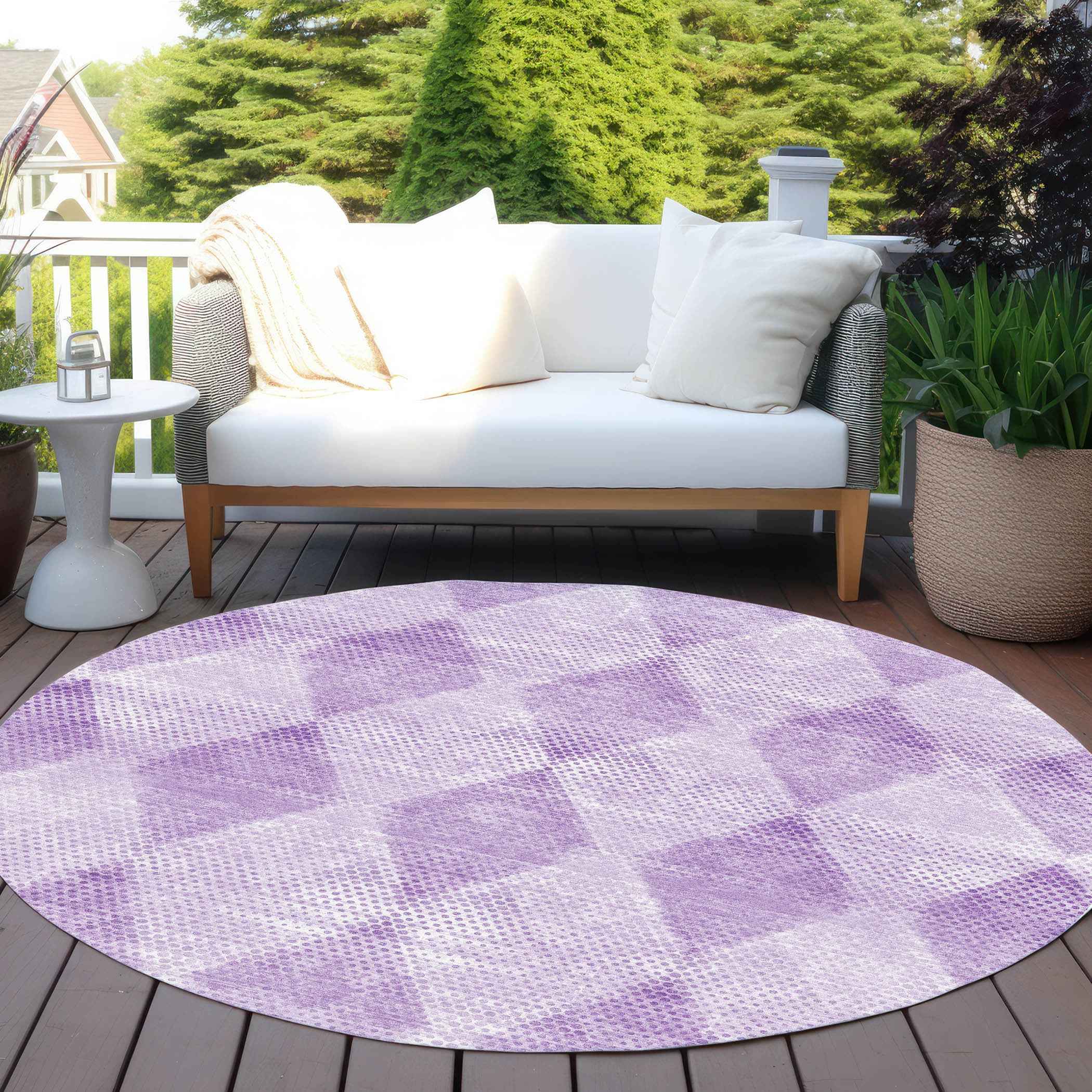 8' Round Lavender Round Geometric Washable Non Skid Indoor Outdoor Area Rug