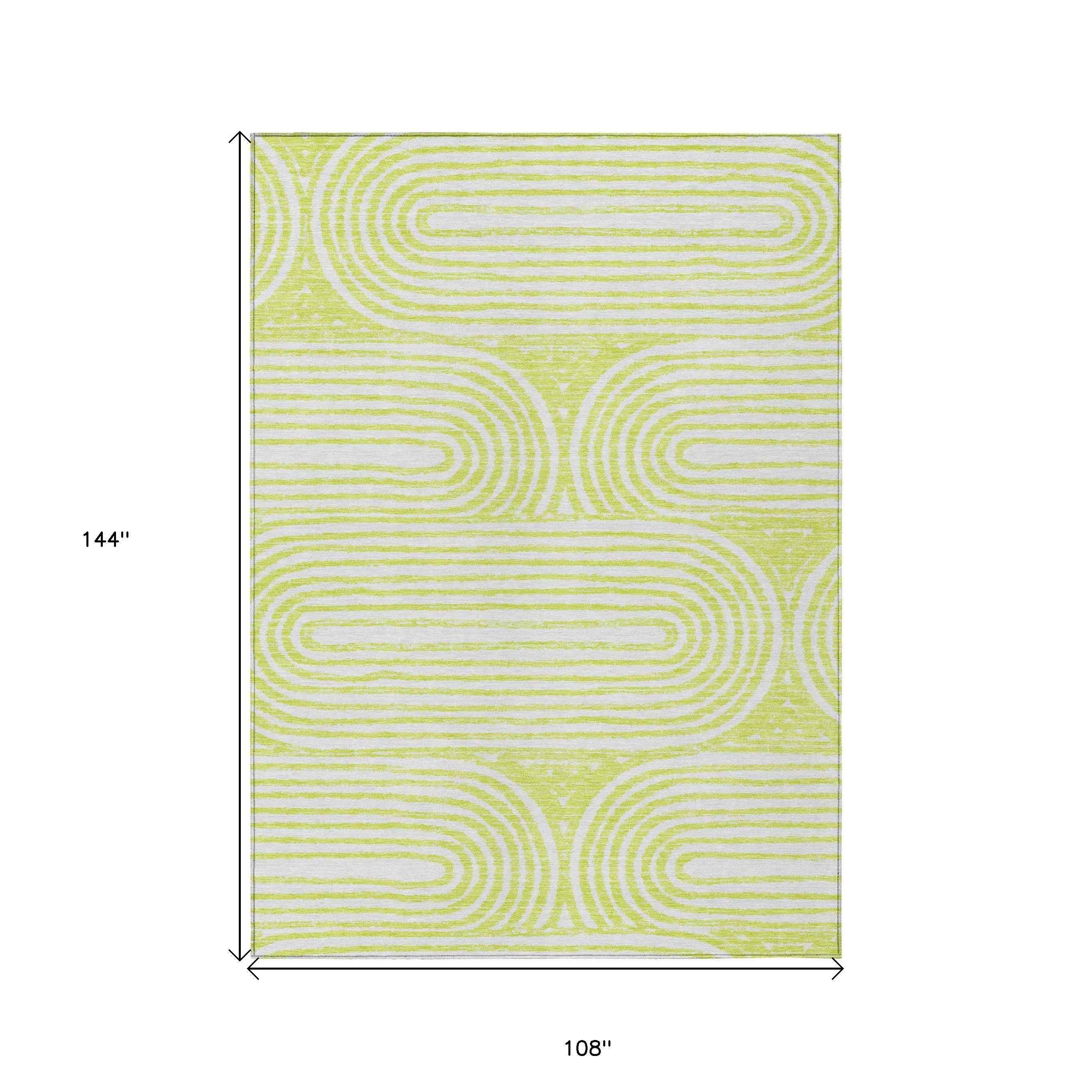 9' X 12' Green And White Abstract Washable Indoor Outdoor Area Rug