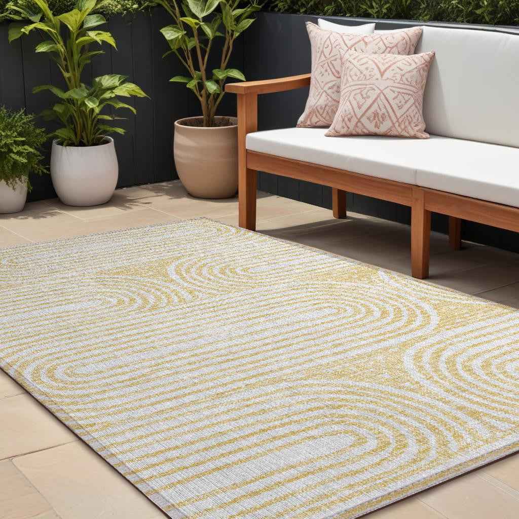 9' X 12' Gold and White Abstract Washable Non Skid Indoor Outdoor Area Rug