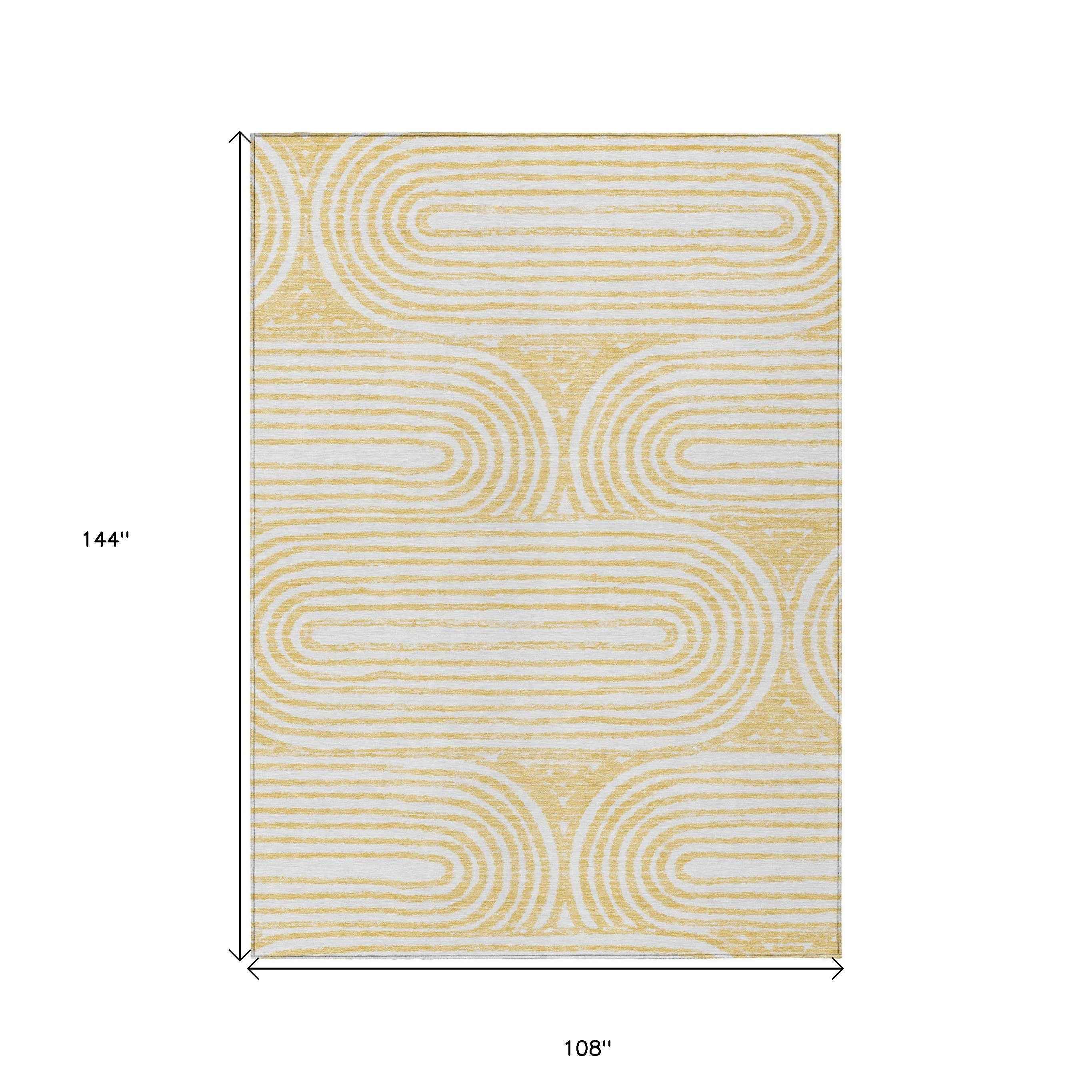 9' X 12' Gold and White Abstract Washable Non Skid Indoor Outdoor Area Rug