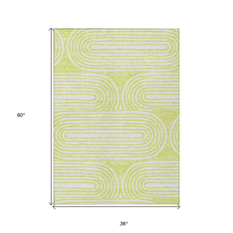 3' X 5' Green And White Abstract Washable Indoor Outdoor Area Rug