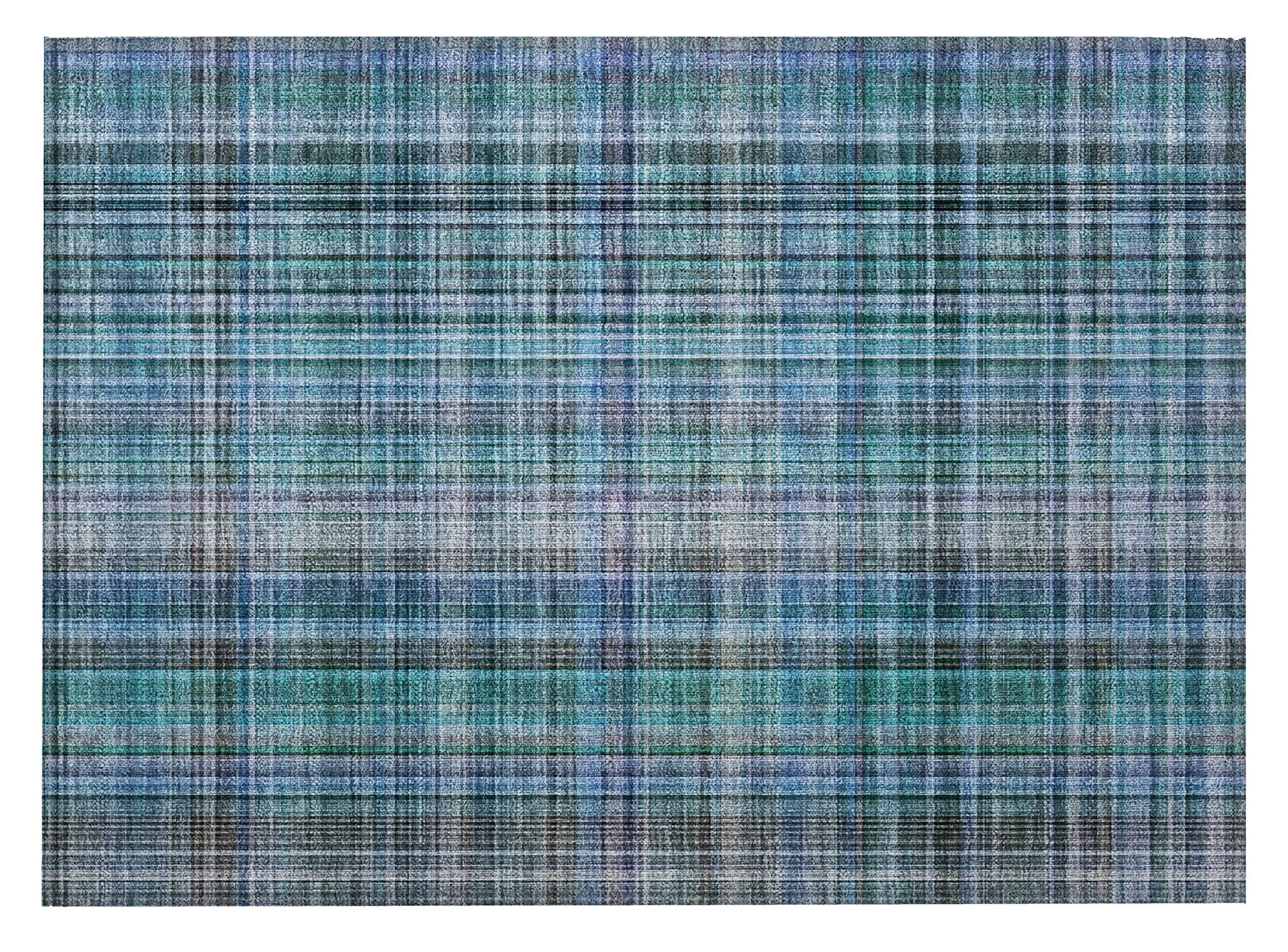 2' X 3' Blue Teal and Gray Plaid Washable Non Skid Indoor Outdoor Area Rug