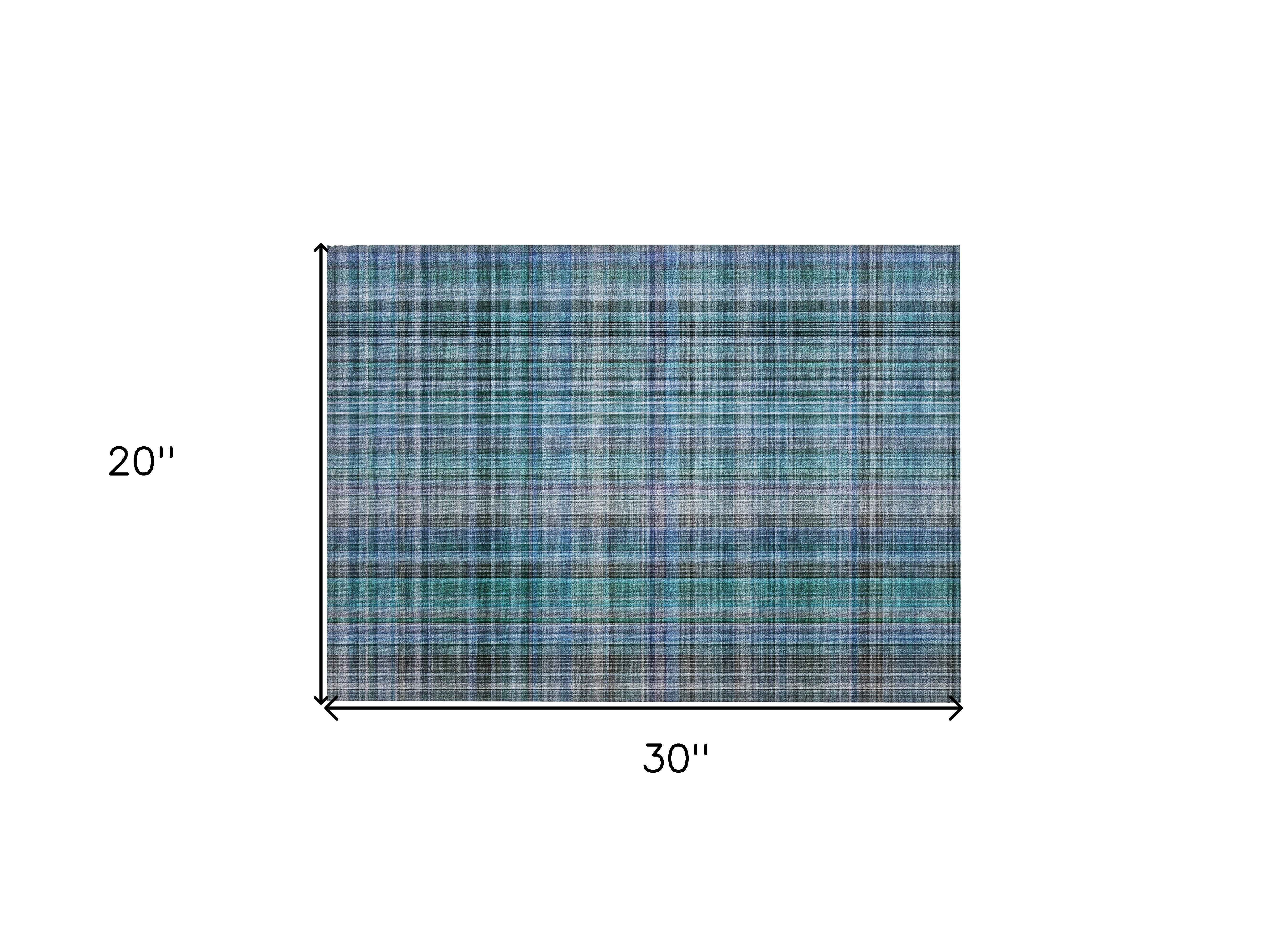 2' X 3' Blue Teal and Gray Plaid Washable Non Skid Indoor Outdoor Area Rug