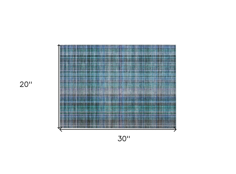 2' X 3' Blue Teal and Gray Plaid Washable Non Skid Indoor Outdoor Area Rug