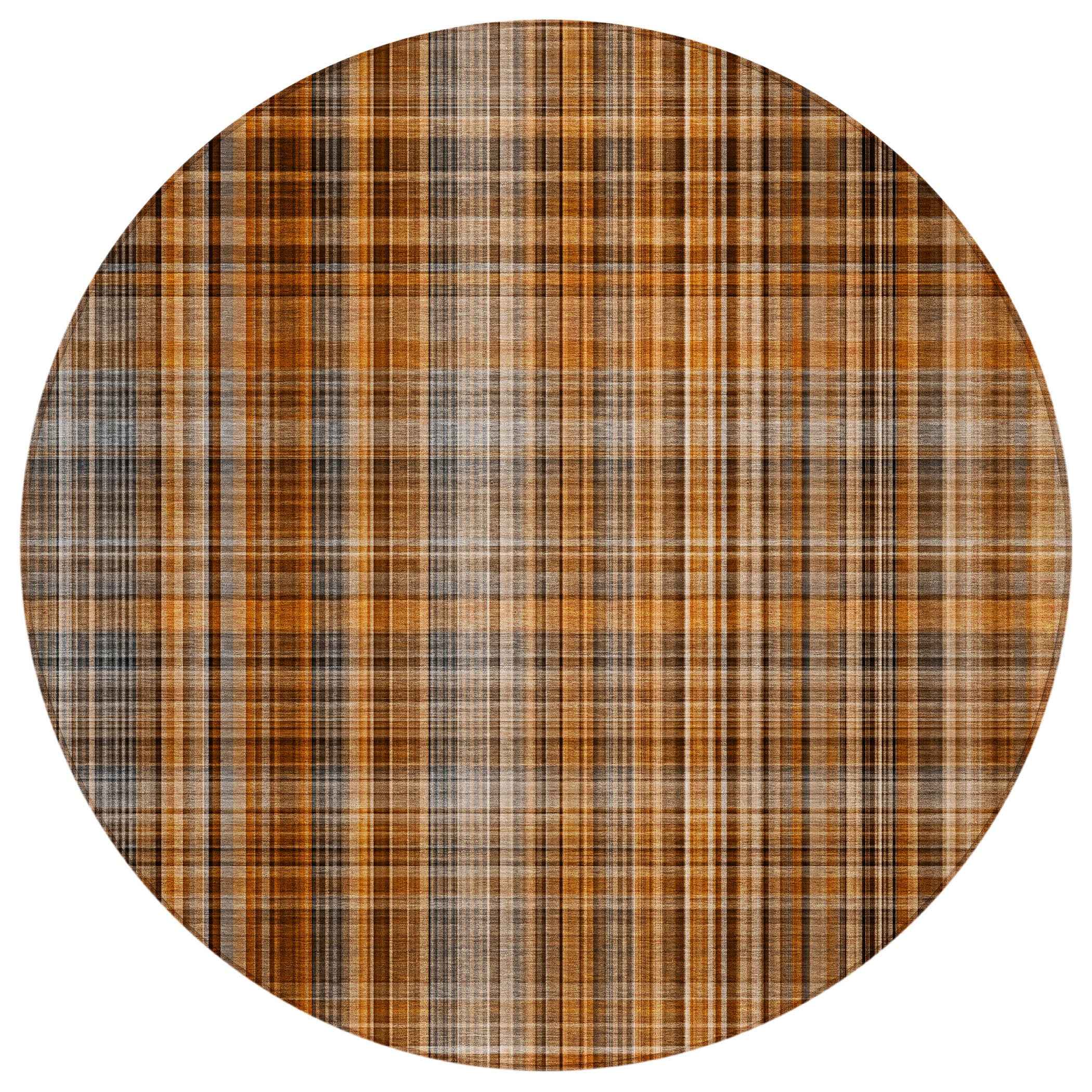 8' Round Terra Cotta Round Plaid Washable Non Skid Indoor Outdoor Area Rug