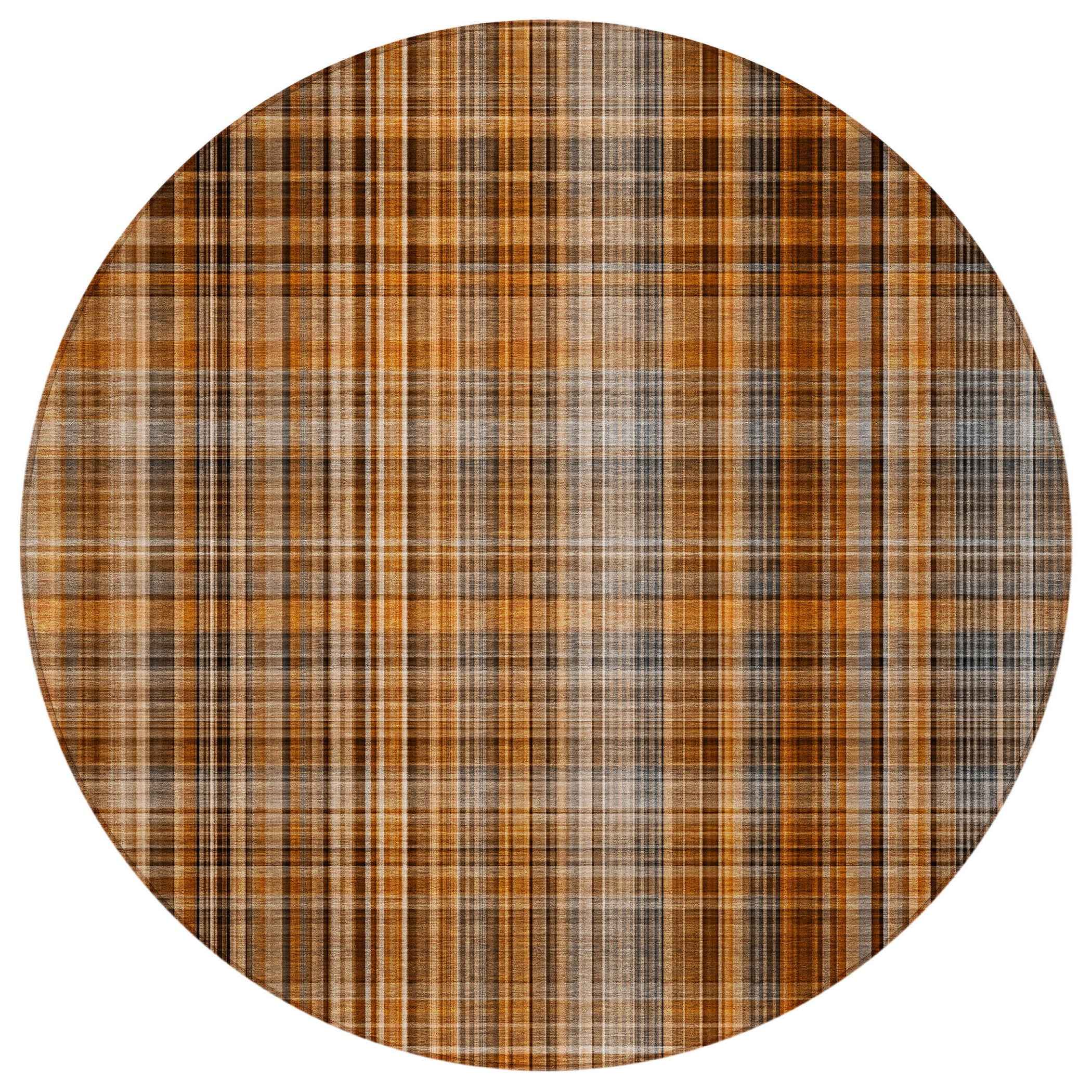 8' Round Terra Cotta Round Plaid Washable Non Skid Indoor Outdoor Area Rug