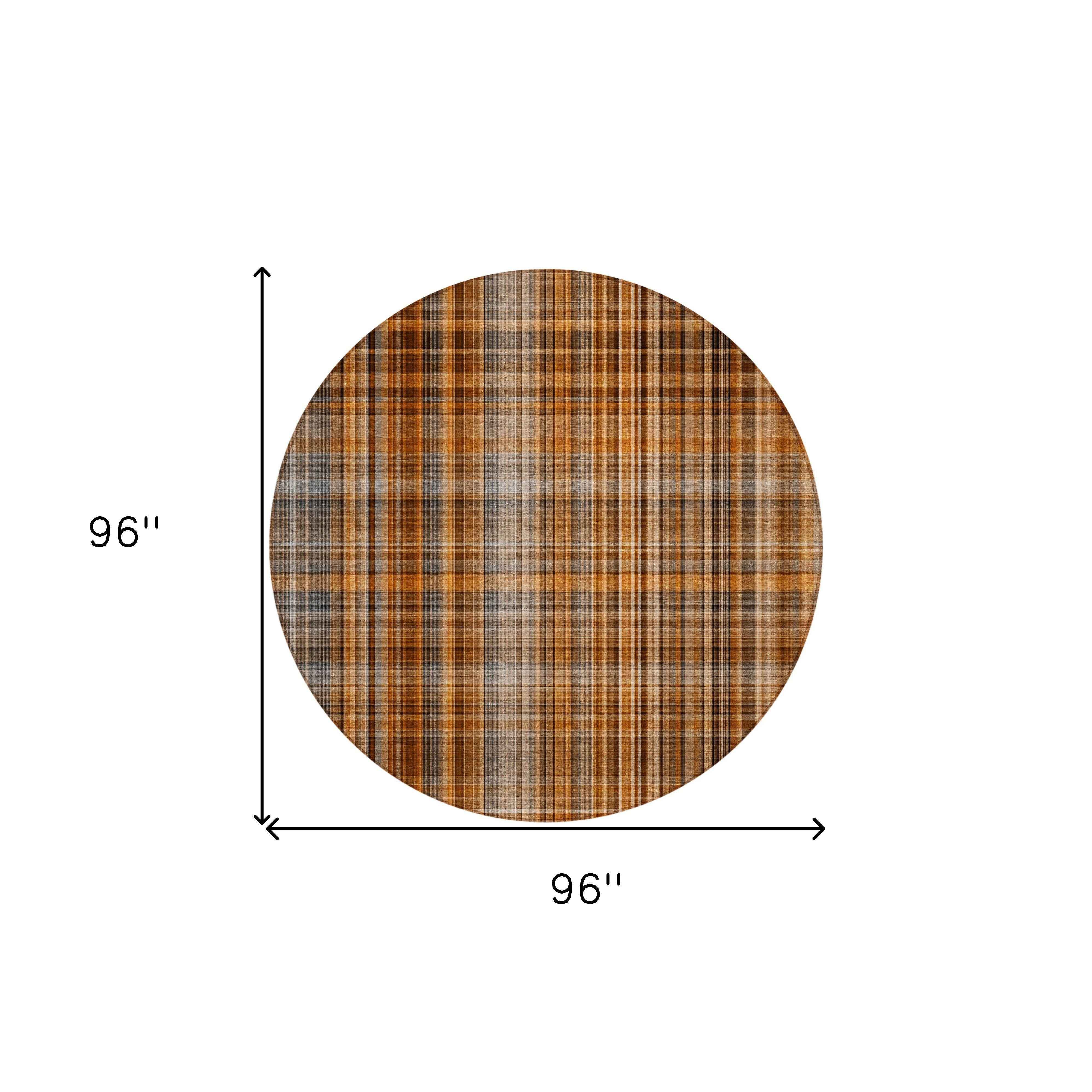 8' Round Terra Cotta Round Plaid Washable Non Skid Indoor Outdoor Area Rug