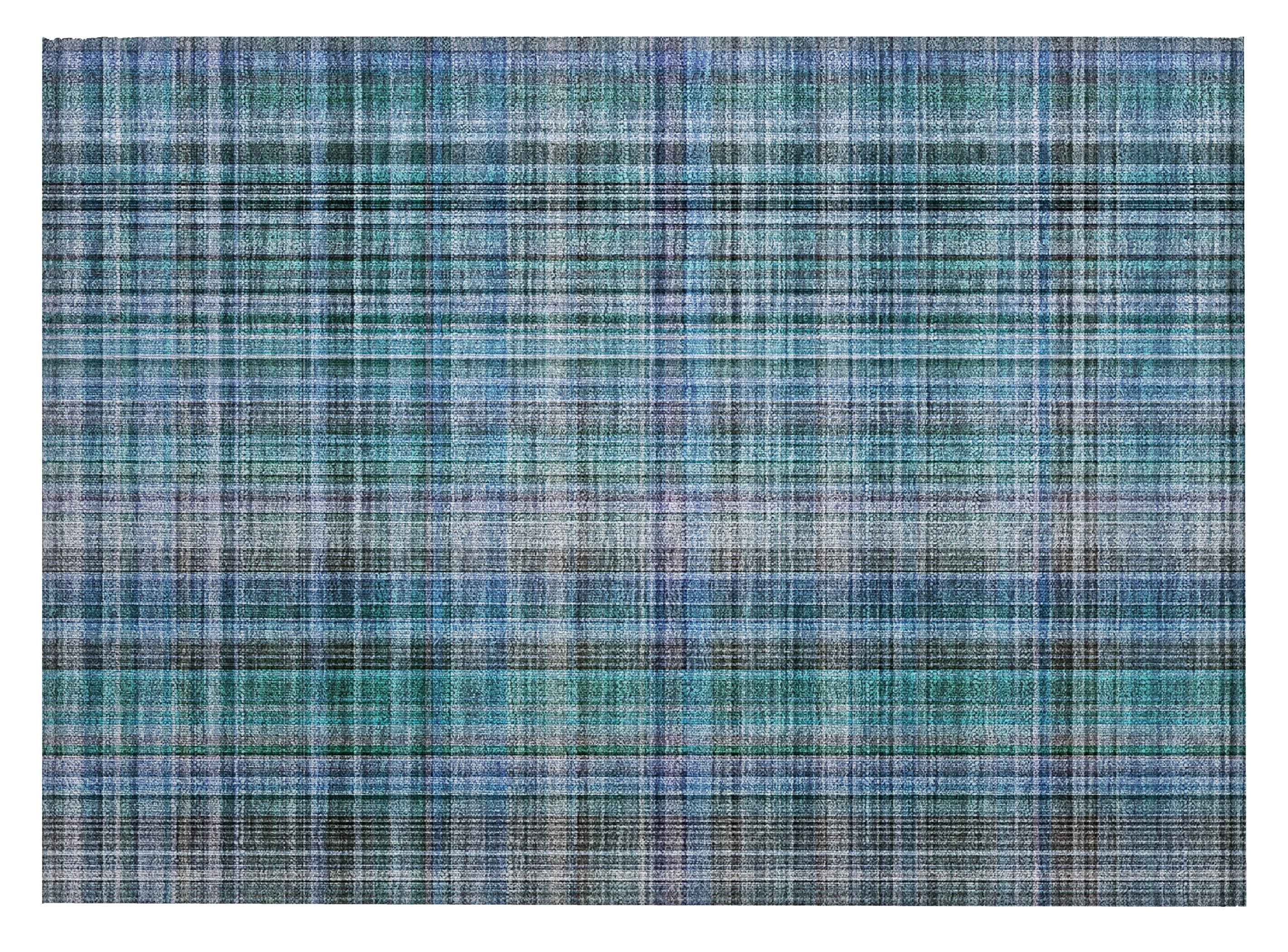 2' X 3' Blue Teal and Gray Plaid Washable Non Skid Indoor Outdoor Area Rug