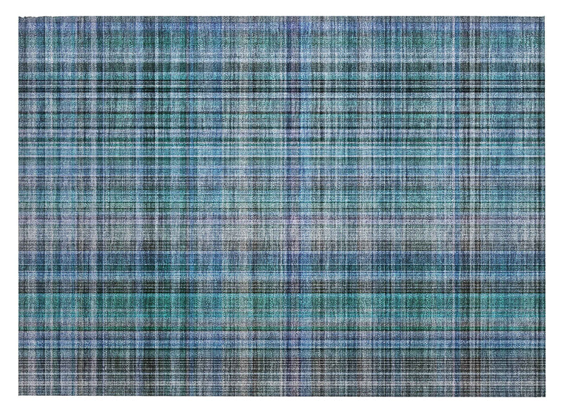 2' X 3' Blue Teal and Gray Plaid Washable Non Skid Indoor Outdoor Area Rug