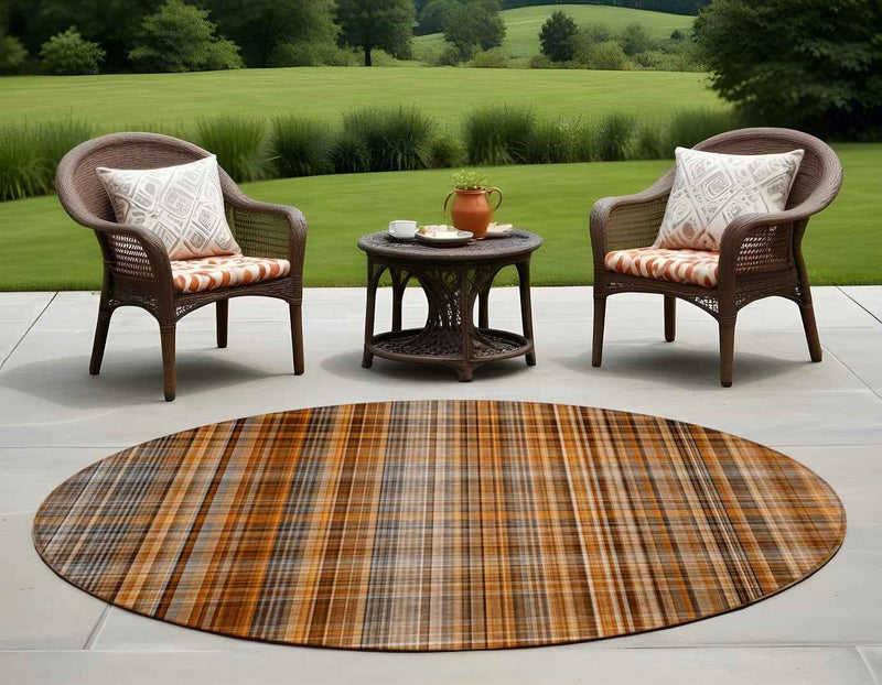 8' Round Terra Cotta Round Plaid Washable Non Skid Indoor Outdoor Area Rug