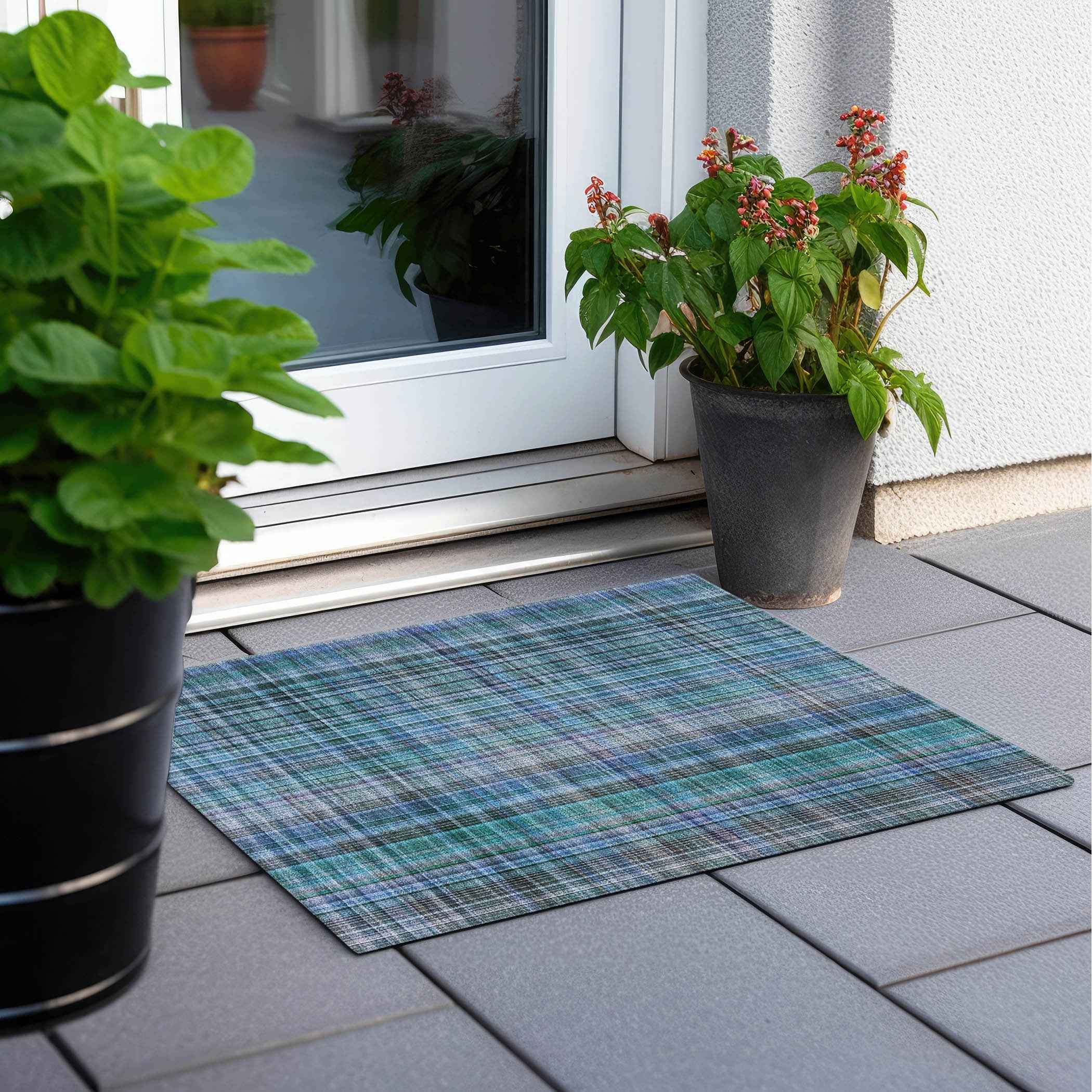 2' X 3' Blue Teal and Gray Plaid Washable Non Skid Indoor Outdoor Area Rug