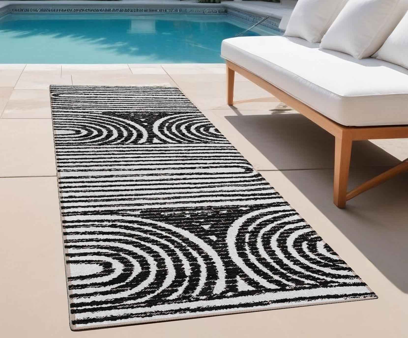 8' Runner Black and White Abstract Washable Non Skid Indoor Outdoor Runner Rug