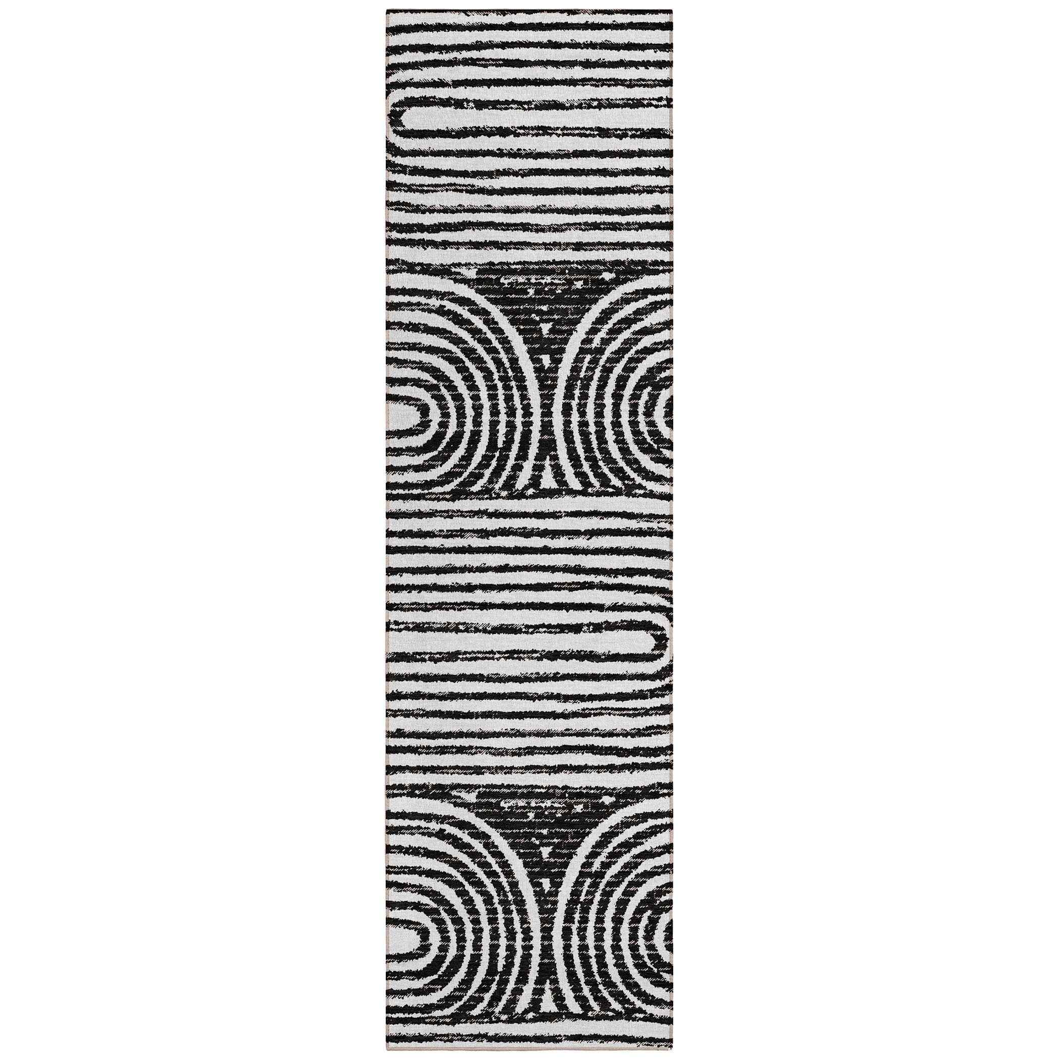 8' Runner Black and White Abstract Washable Non Skid Indoor Outdoor Runner Rug
