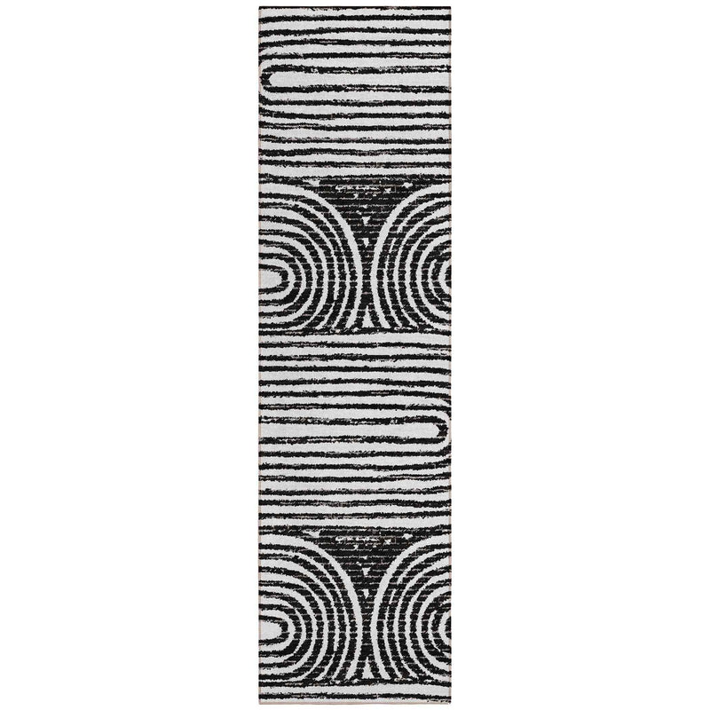 8' Runner Black and White Abstract Washable Non Skid Indoor Outdoor Runner Rug
