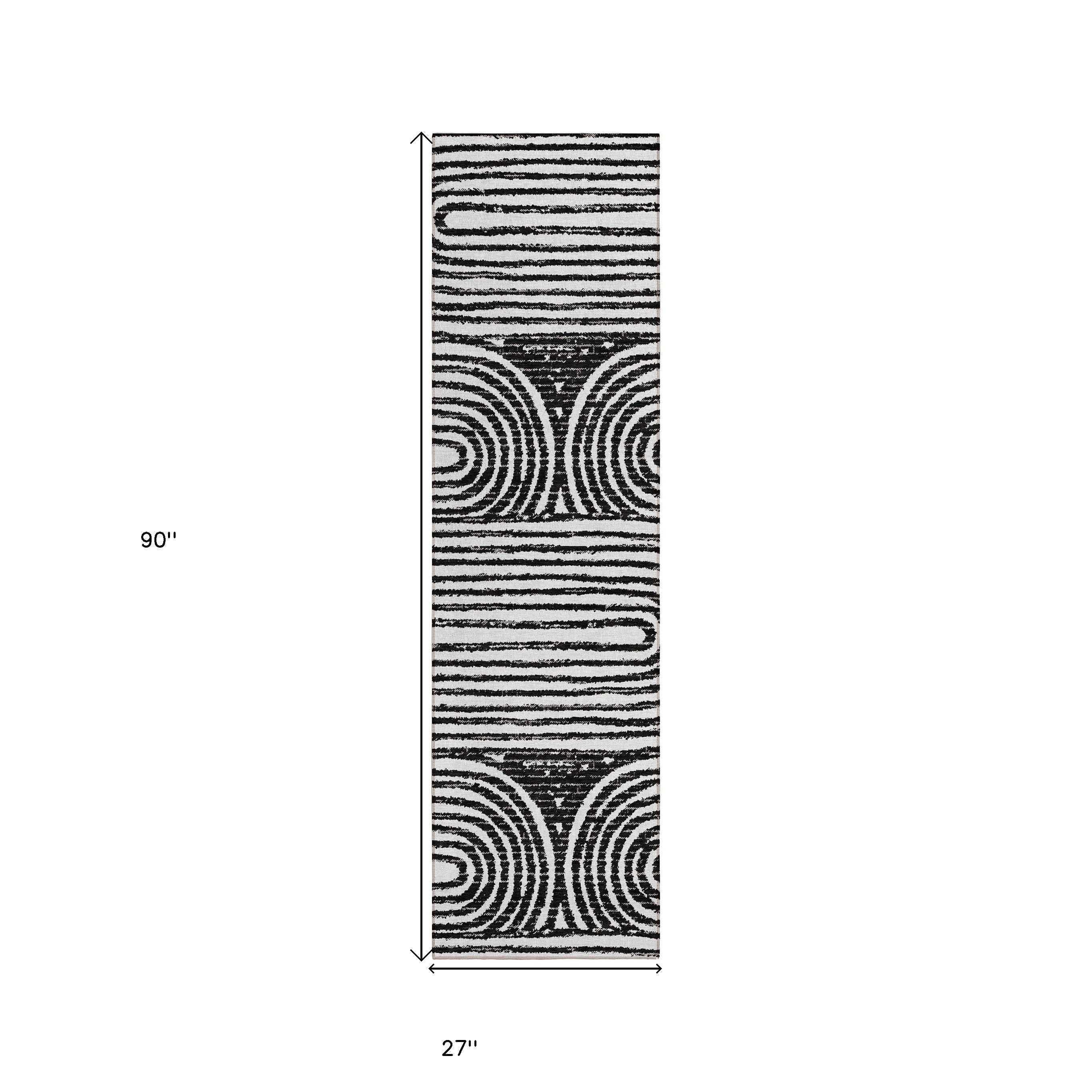 8' Runner Black and White Abstract Washable Non Skid Indoor Outdoor Runner Rug