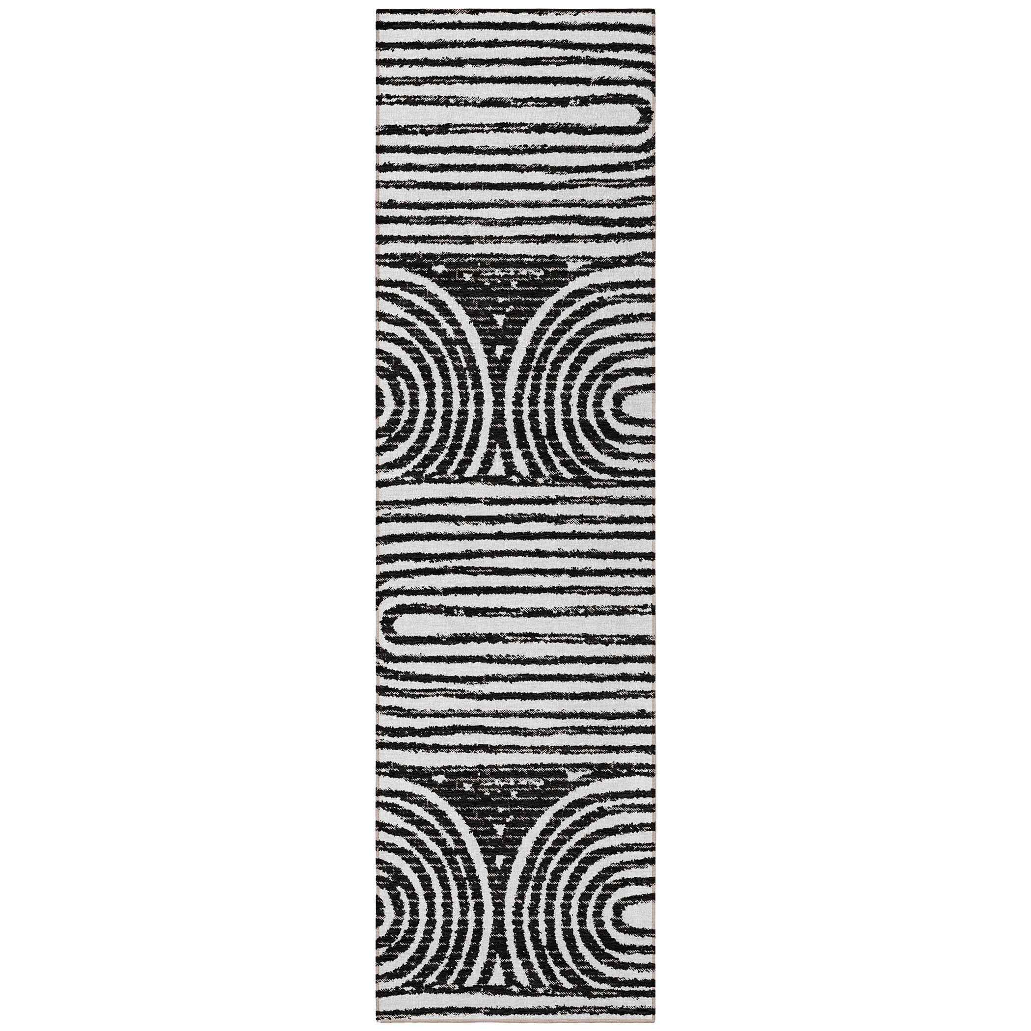8' Runner Black and White Abstract Washable Non Skid Indoor Outdoor Runner Rug