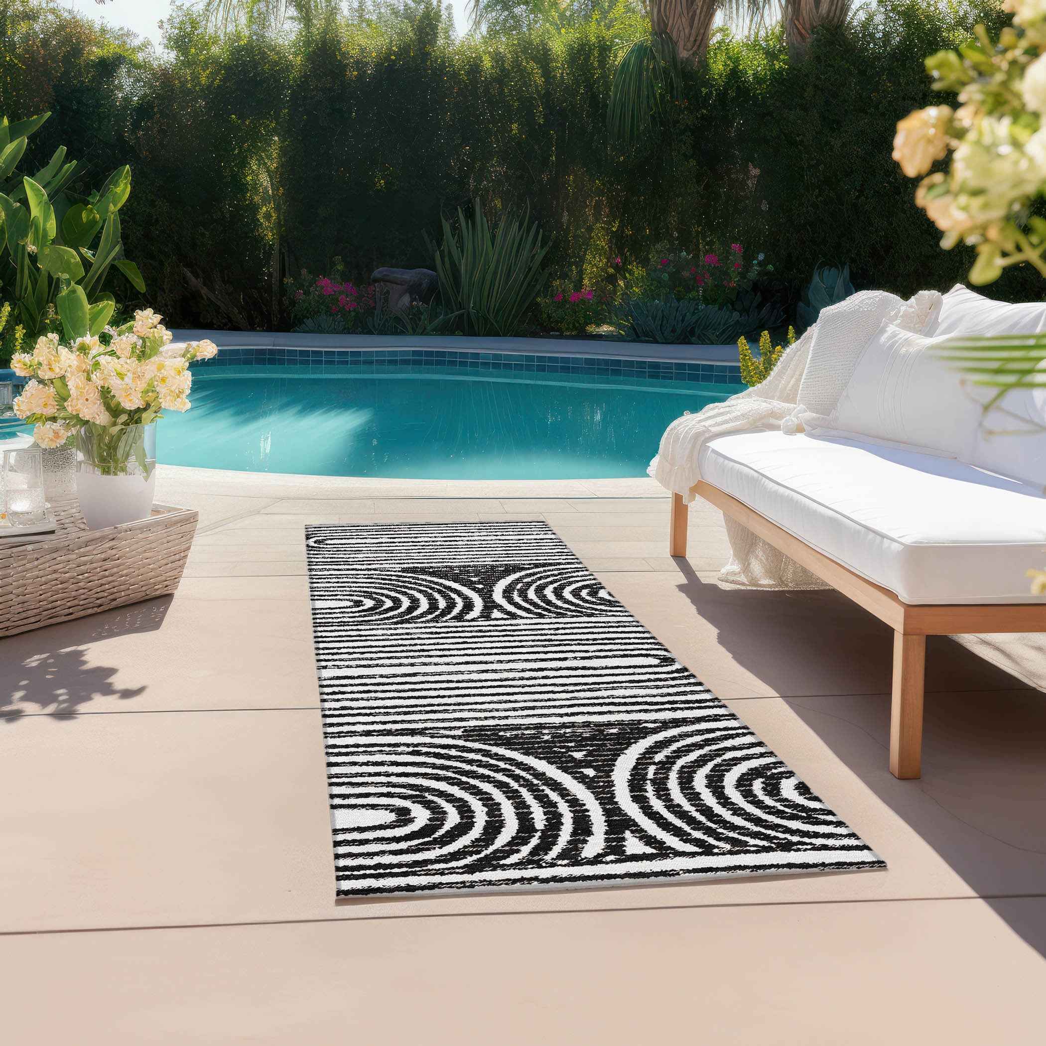 8' Runner Black and White Abstract Washable Non Skid Indoor Outdoor Runner Rug