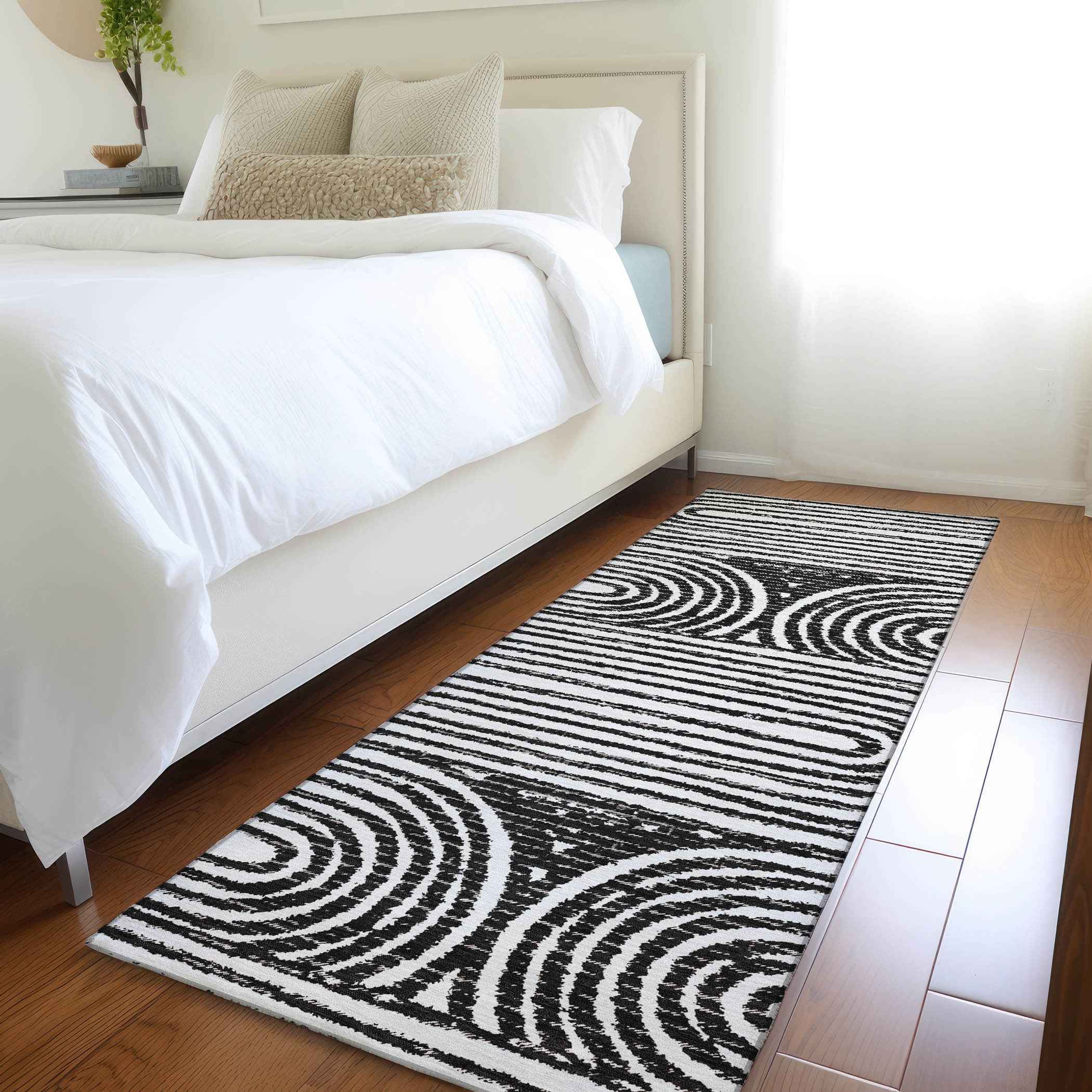 8' Runner Black and White Abstract Washable Non Skid Indoor Outdoor Runner Rug