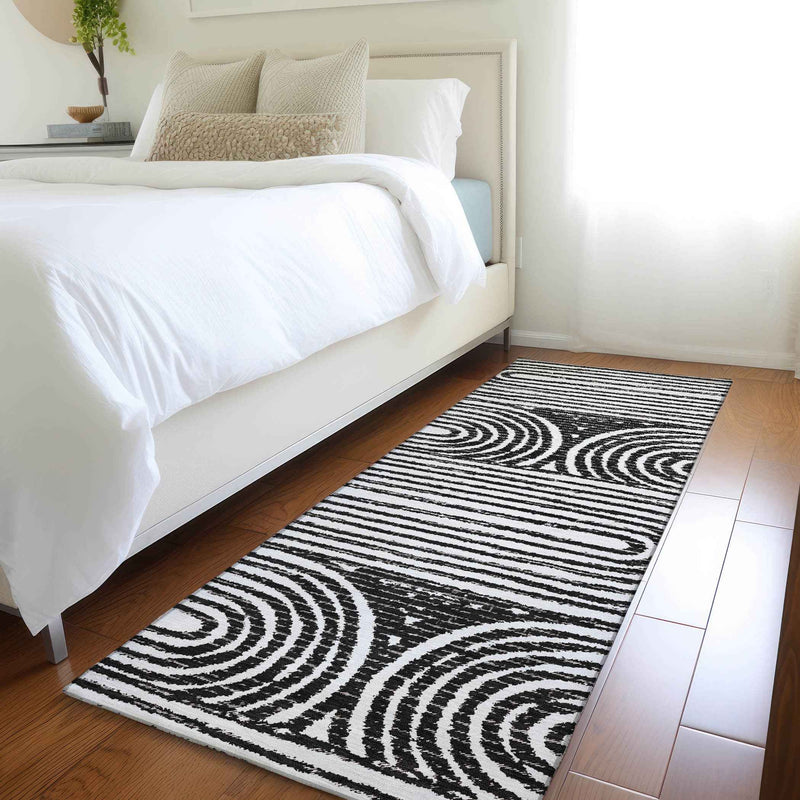 8' Runner Black and White Abstract Washable Non Skid Indoor Outdoor Runner Rug
