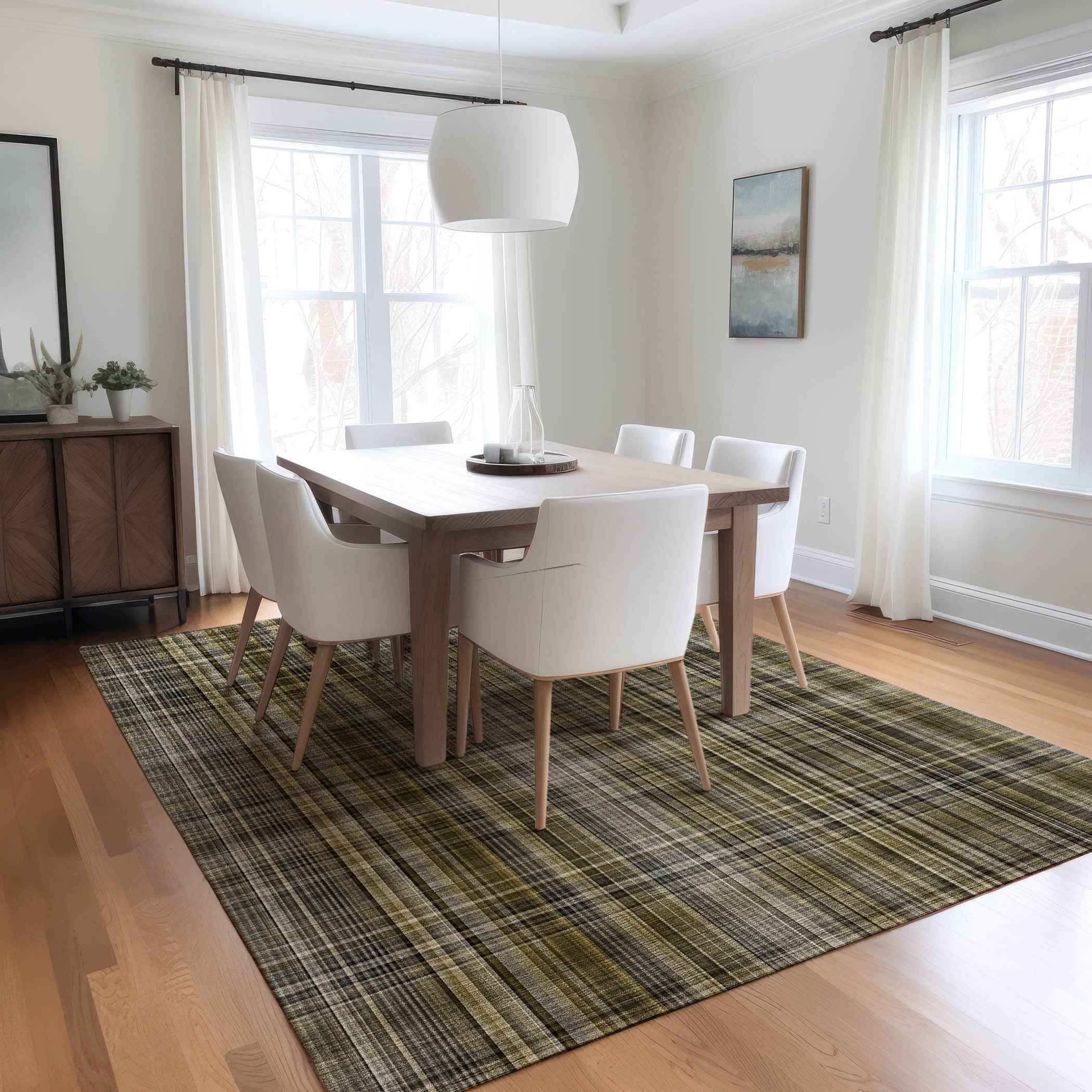 8' X 10' Green Beige and Gray Plaid Washable Non Skid Indoor Outdoor Area Rug