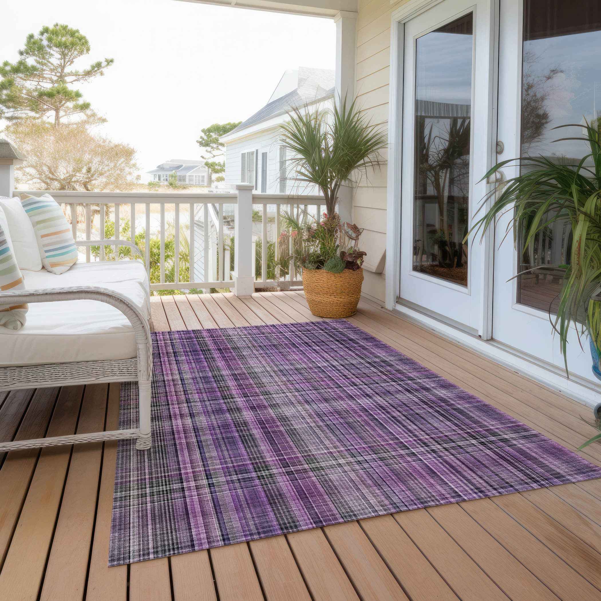 3' X 5' Purple and Gray Plaid Washable Non Skid Indoor Outdoor Area Rug