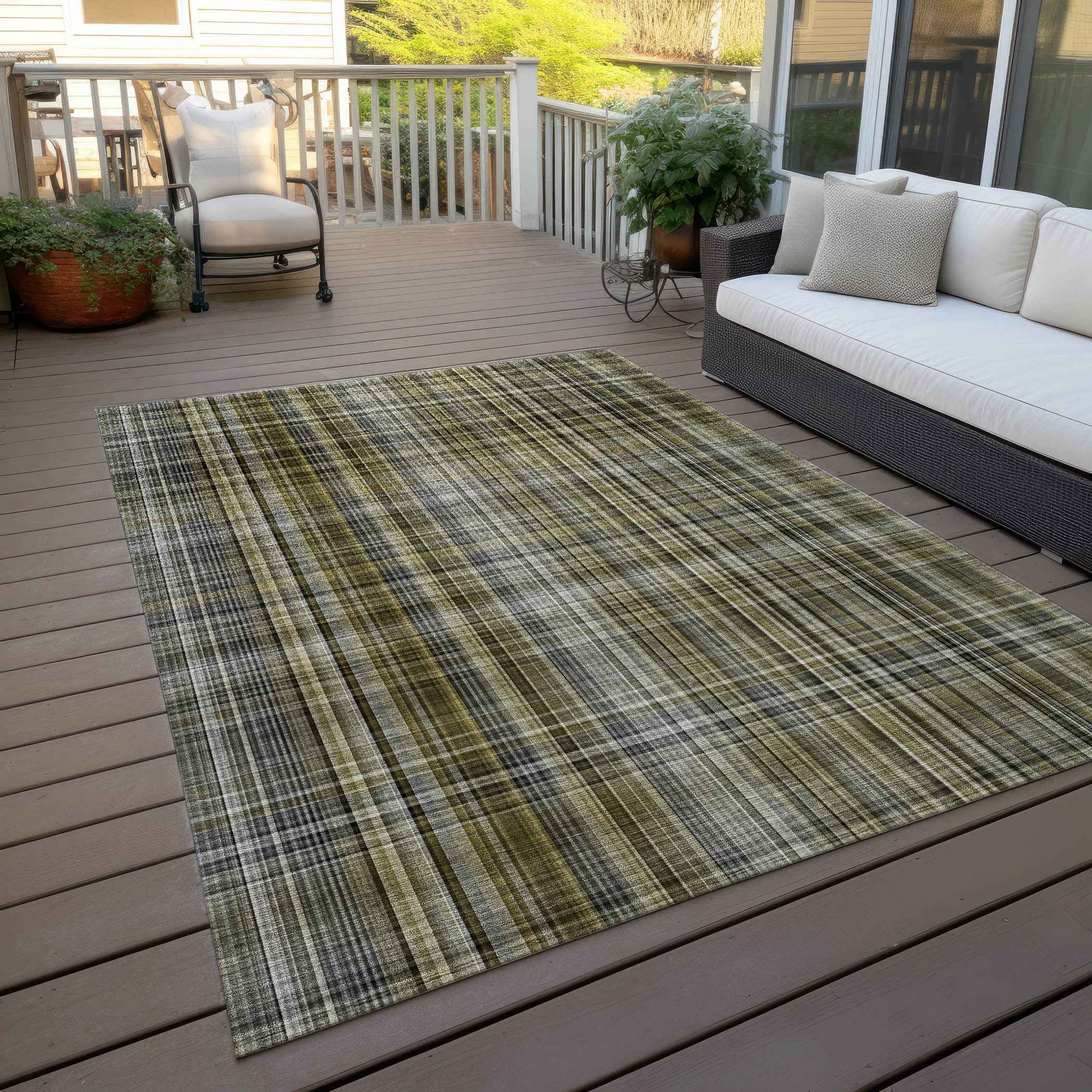 8' X 10' Green Beige and Gray Plaid Washable Non Skid Indoor Outdoor Area Rug