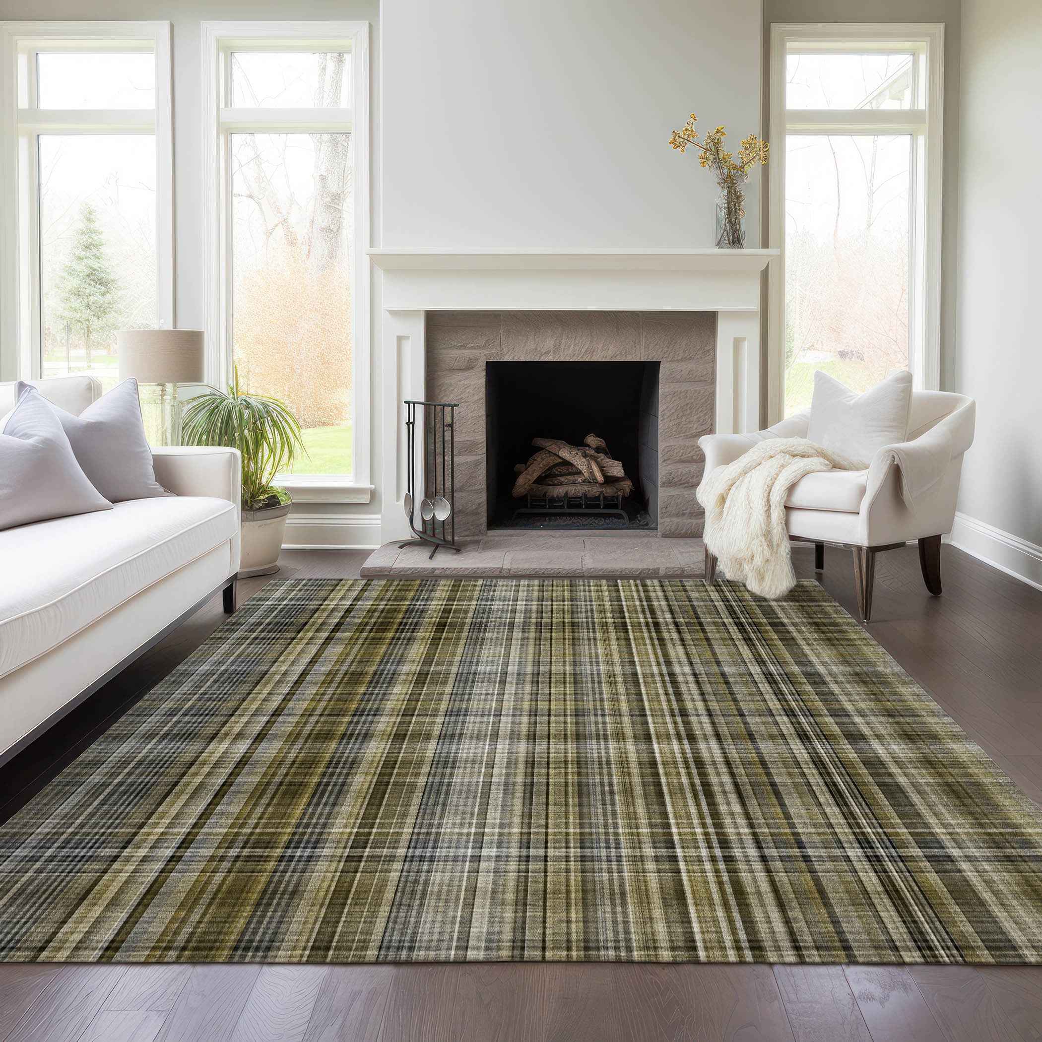 8' X 10' Green Beige and Gray Plaid Washable Non Skid Indoor Outdoor Area Rug