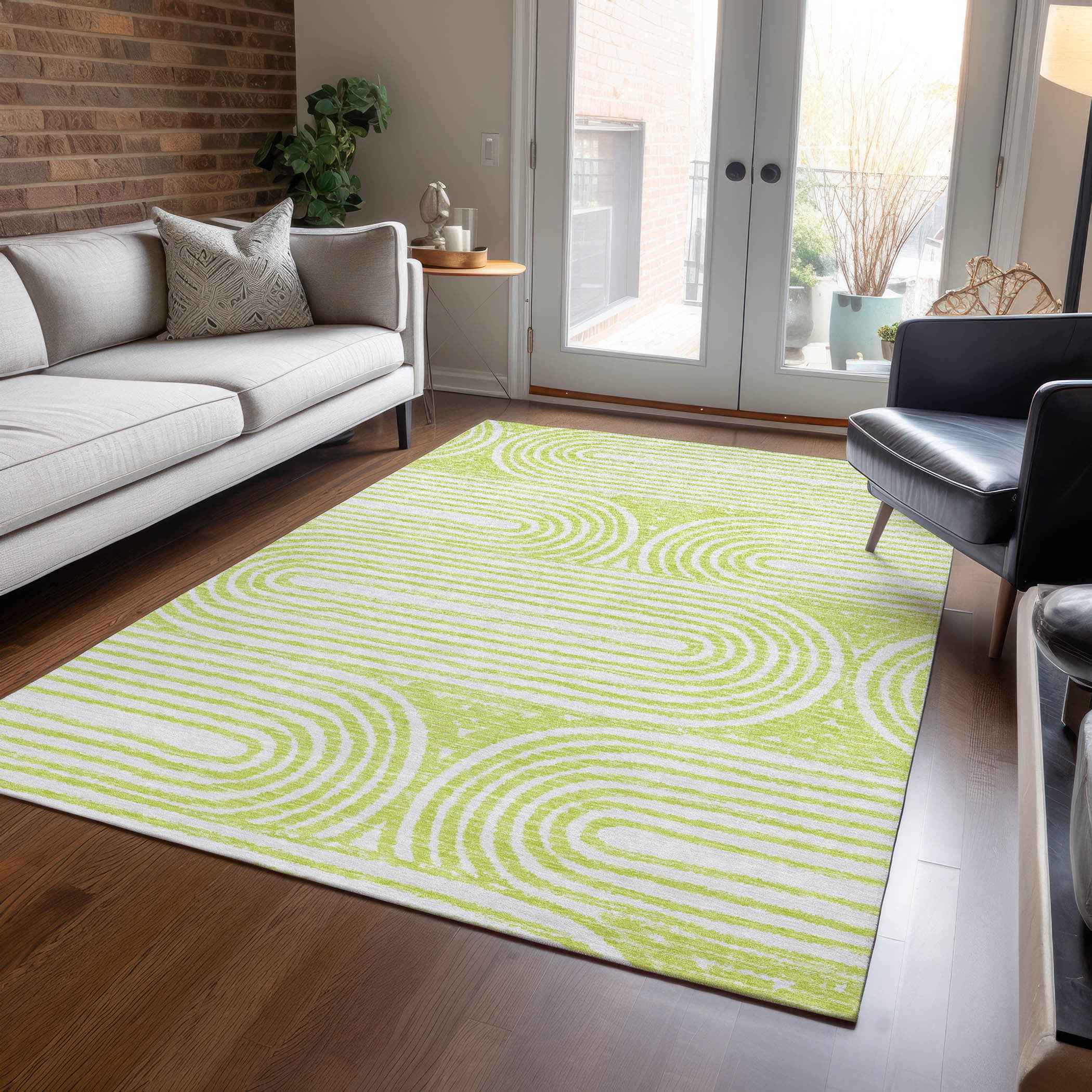 5' X 8' Green And White Abstract Washable Indoor Outdoor Area Rug