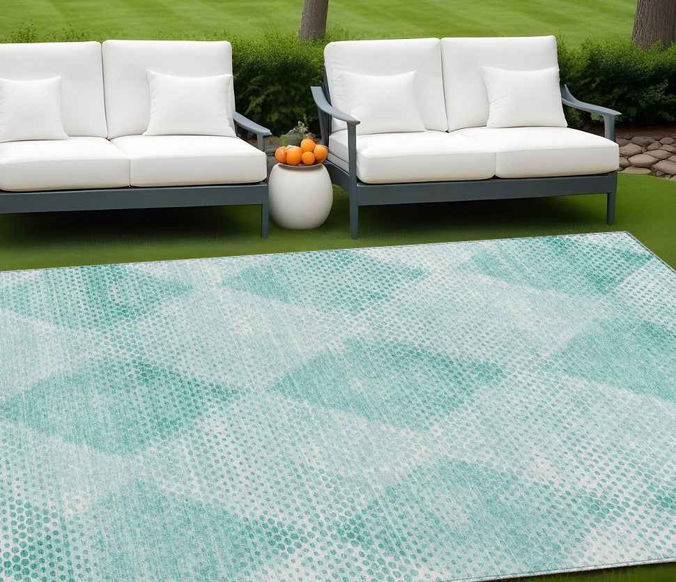 10' X 14' Teal Geometric Washable Non Skid Indoor Outdoor Area Rug