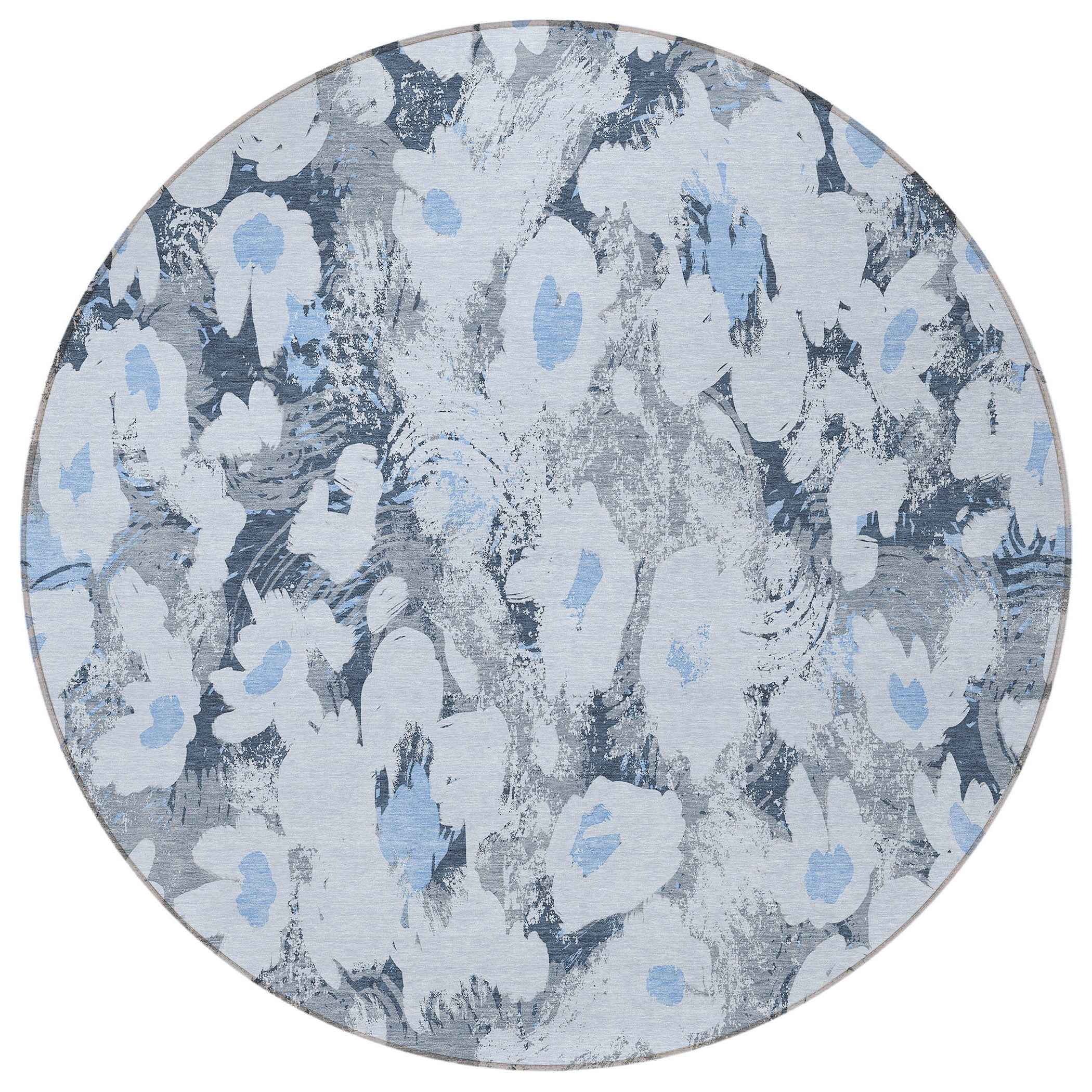 8' Round Denim Blue Round Floral Washable Non Skid Indoor Outdoor Area Rug