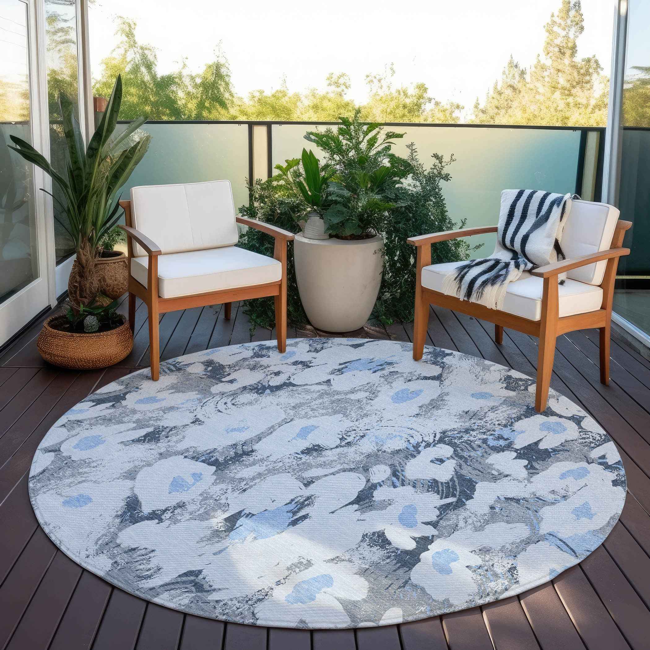8' Round Denim Blue Round Floral Washable Non Skid Indoor Outdoor Area Rug