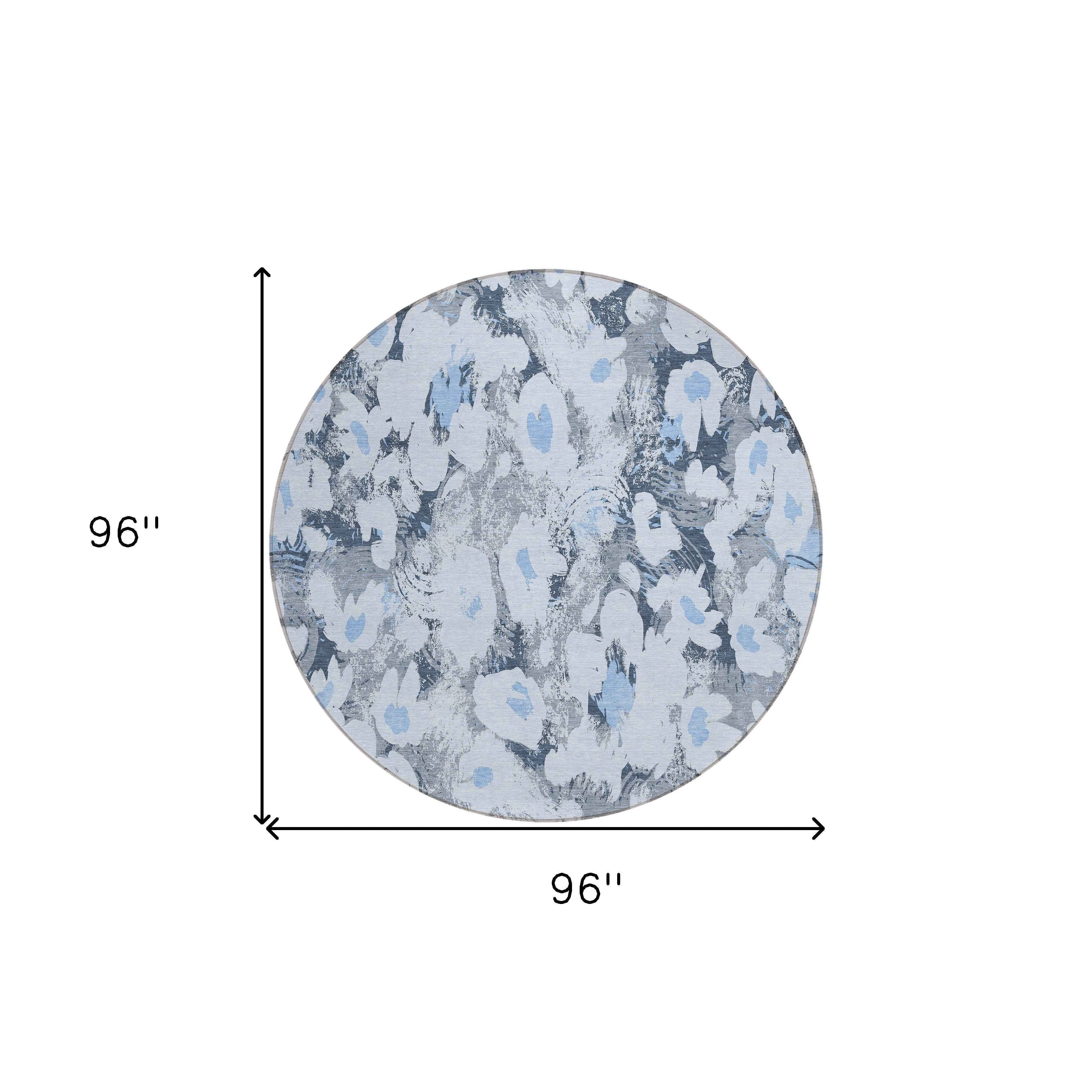 8' Round Denim Blue Round Floral Washable Non Skid Indoor Outdoor Area Rug