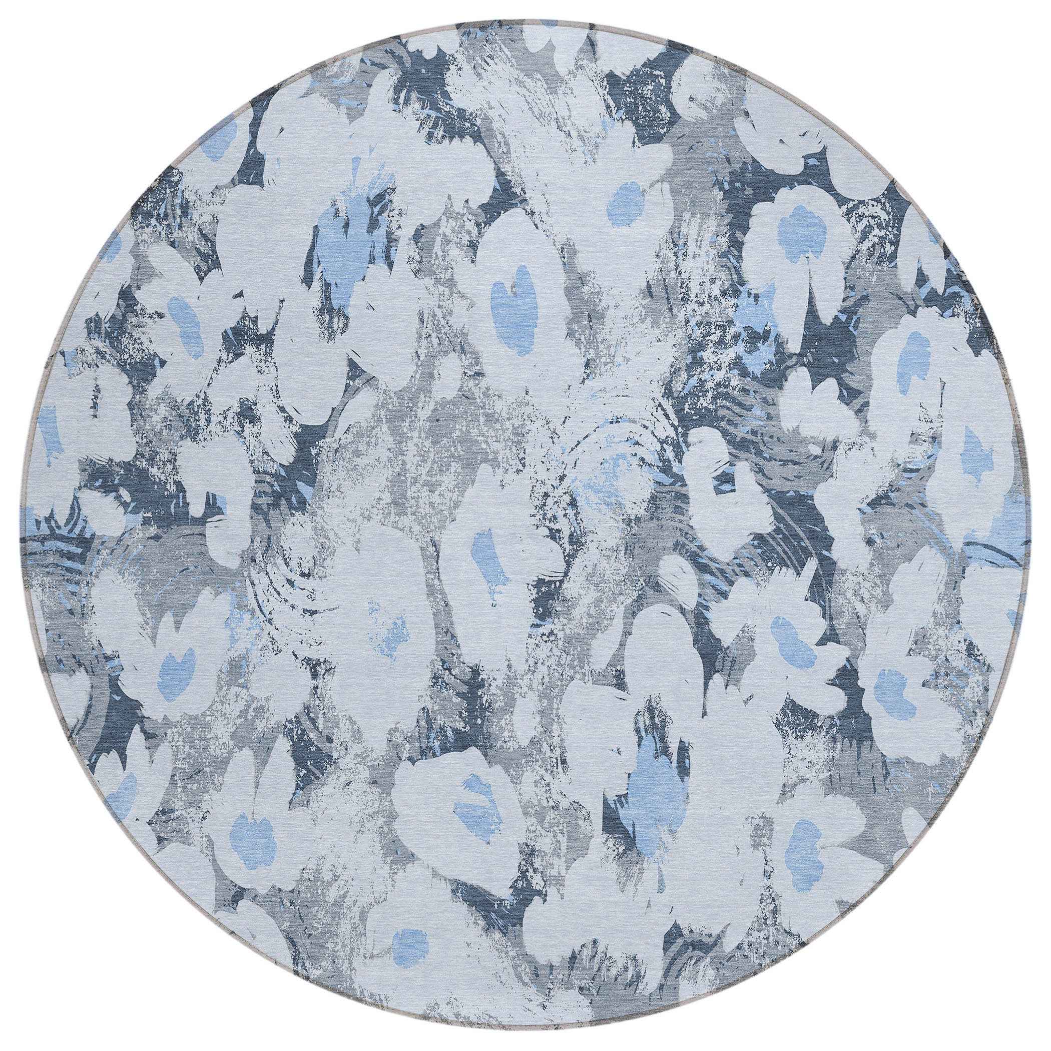 8' Round Denim Blue Round Floral Washable Non Skid Indoor Outdoor Area Rug