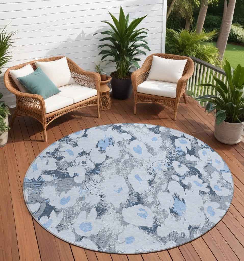 8' Round Denim Blue Round Floral Washable Non Skid Indoor Outdoor Area Rug