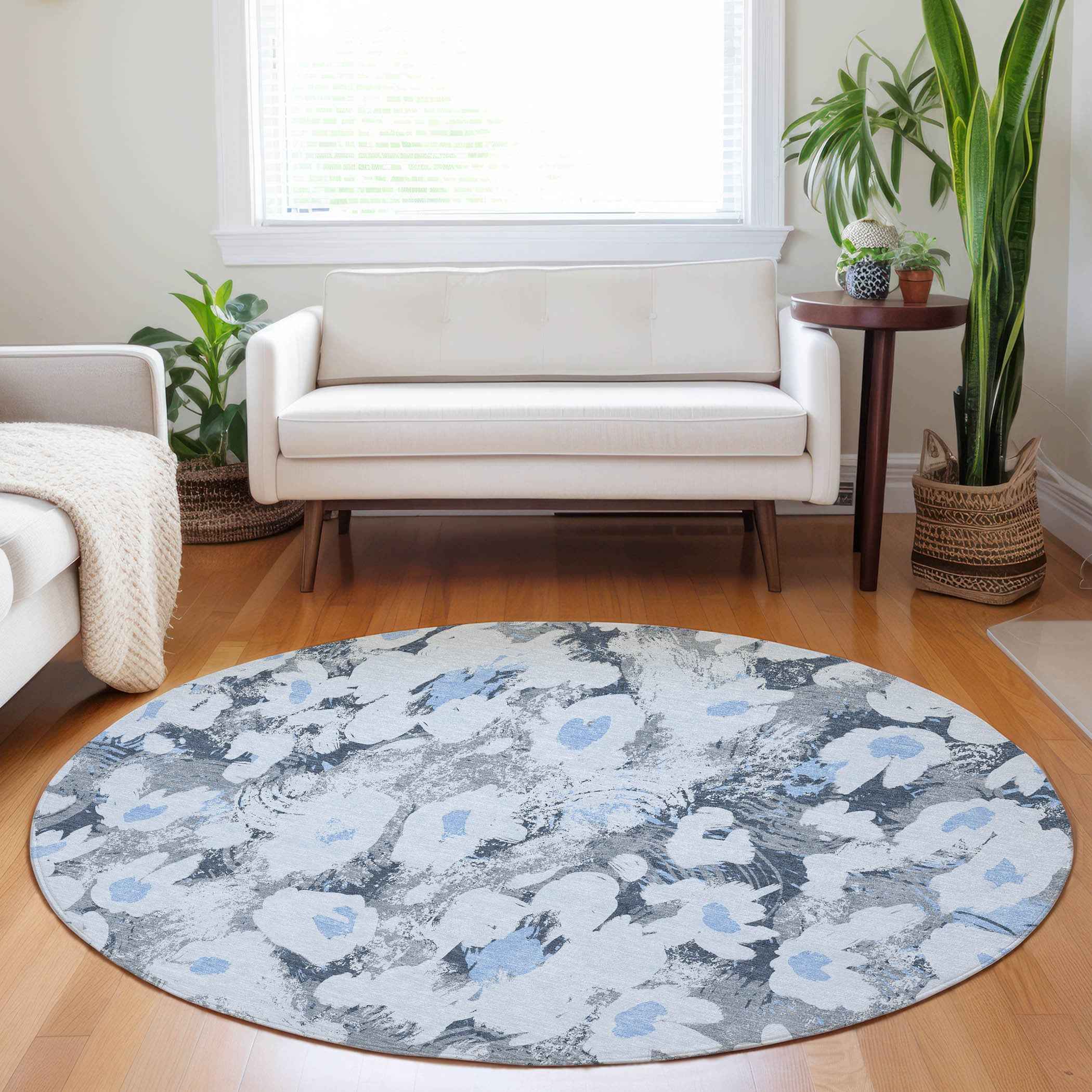 8' Round Denim Blue Round Floral Washable Non Skid Indoor Outdoor Area Rug