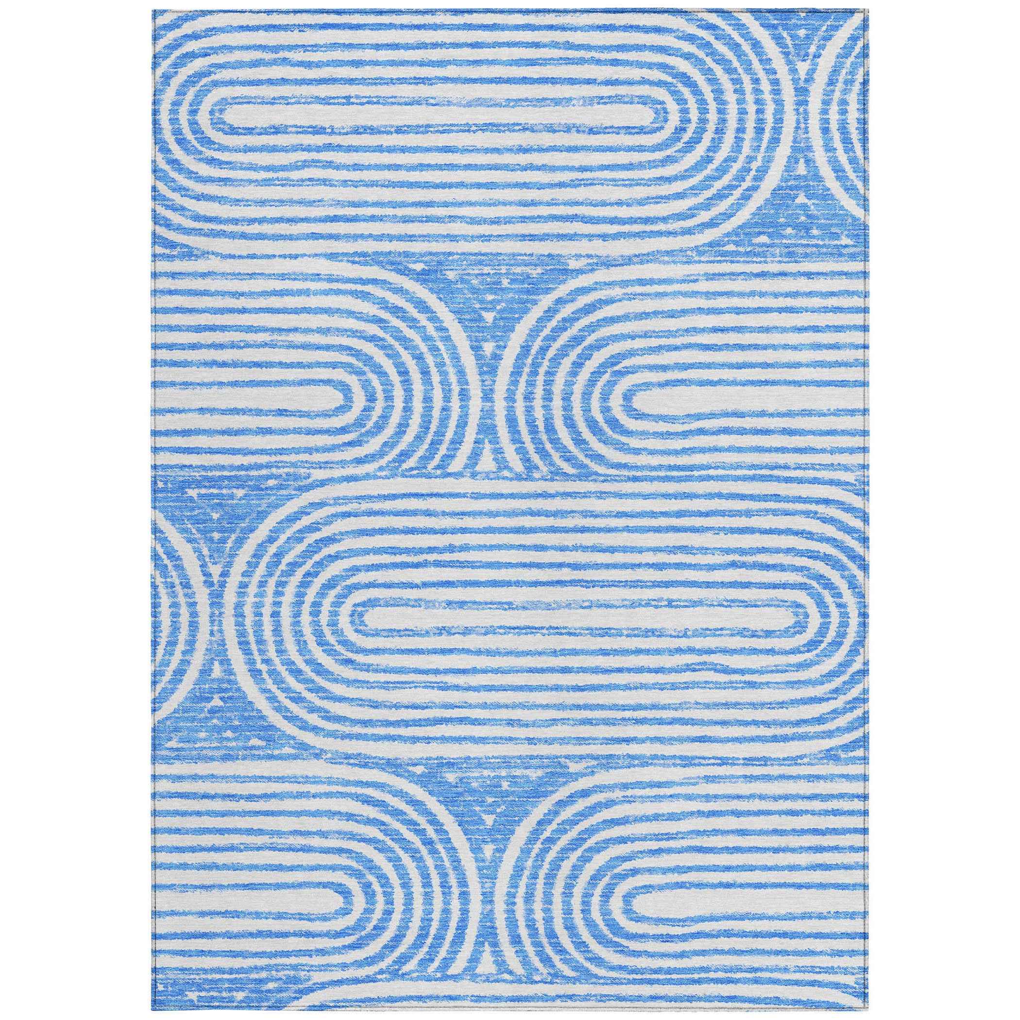 5' X 8' Blue and White Abstract Washable Non Skid Indoor Outdoor Area Rug